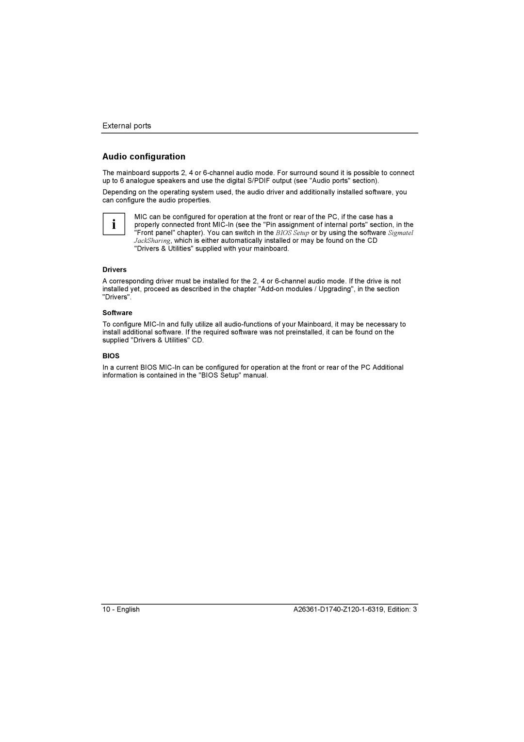 Fujitsu D1740 technical manual Audio configuration, Drivers, Software 