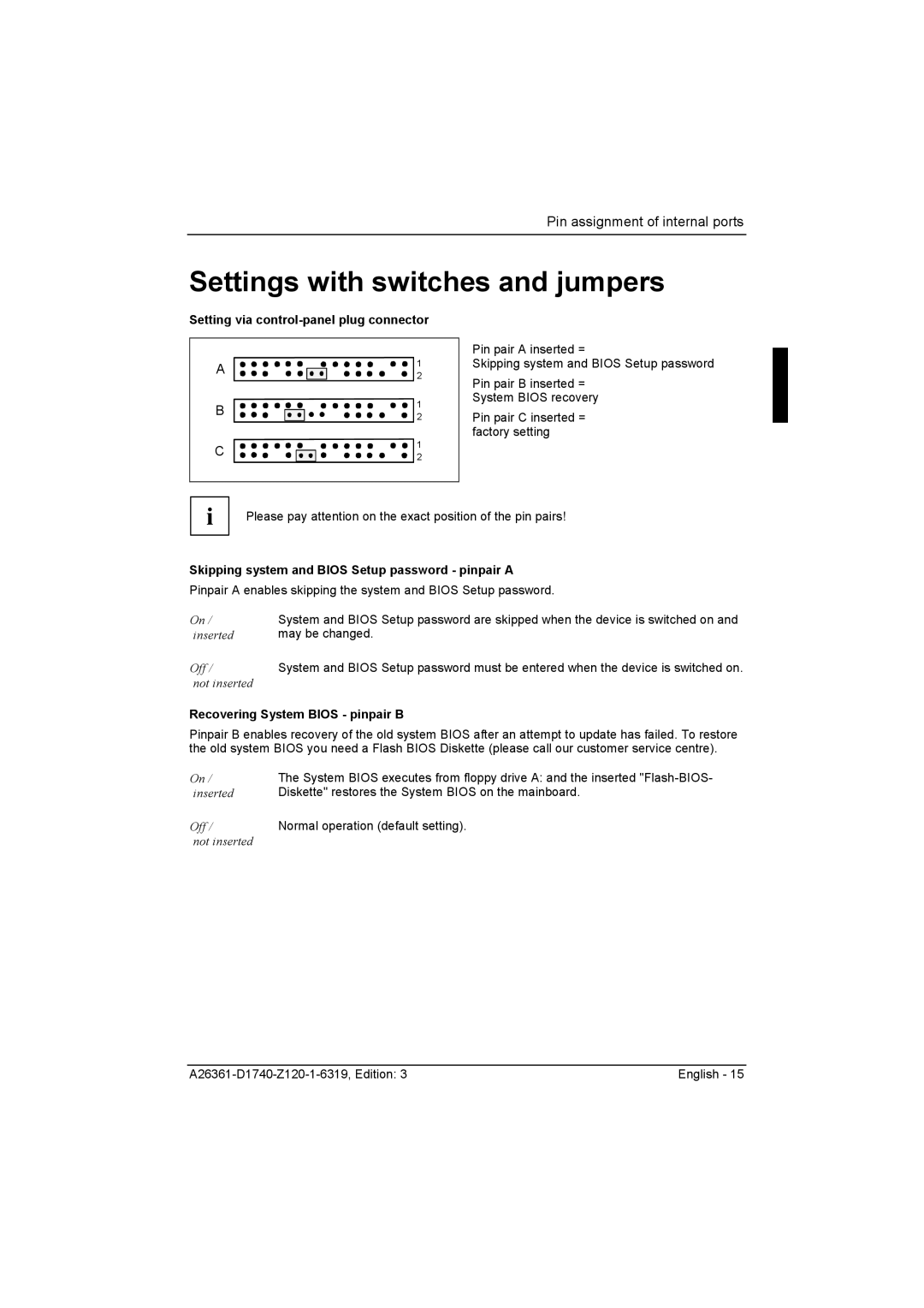 Fujitsu D1740 technical manual Settings with switches and jumpers, Setting via control-panel plug connector 