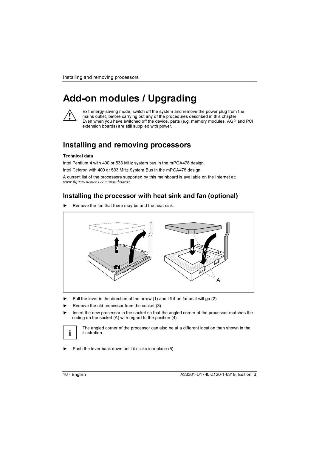 Fujitsu D1740 technical manual Add-on modules / Upgrading, Installing and removing processors, Technical data 