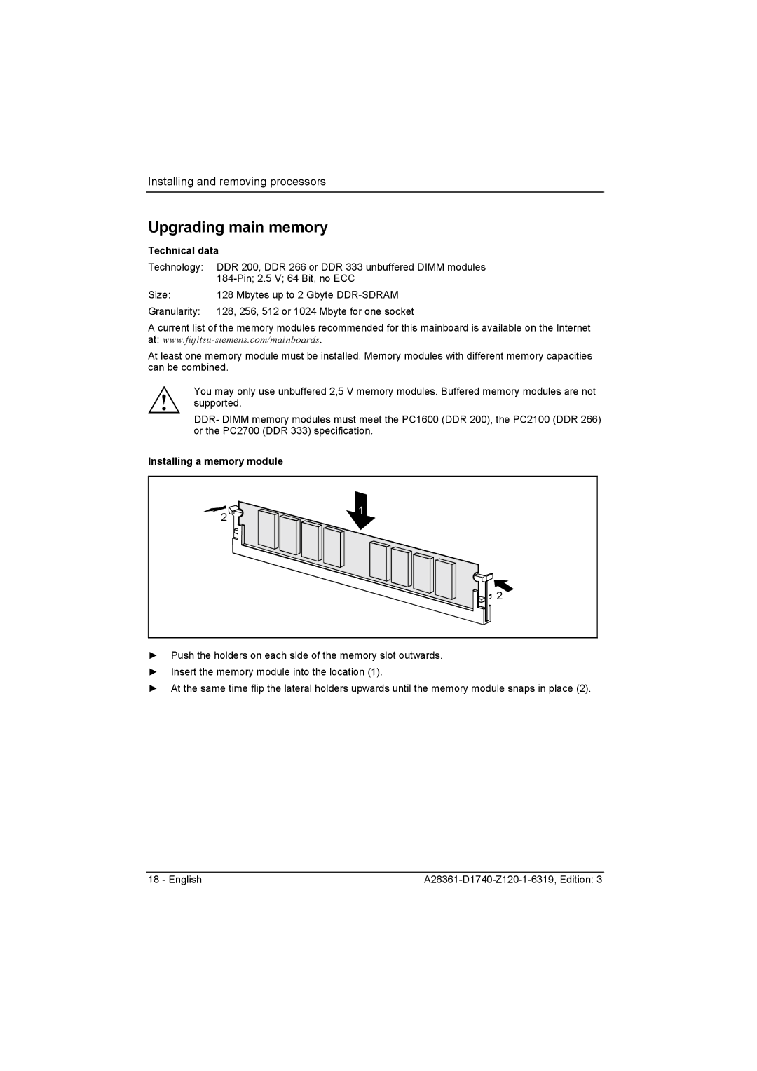 Fujitsu D1740 technical manual Upgrading main memory, Installing a memory module 