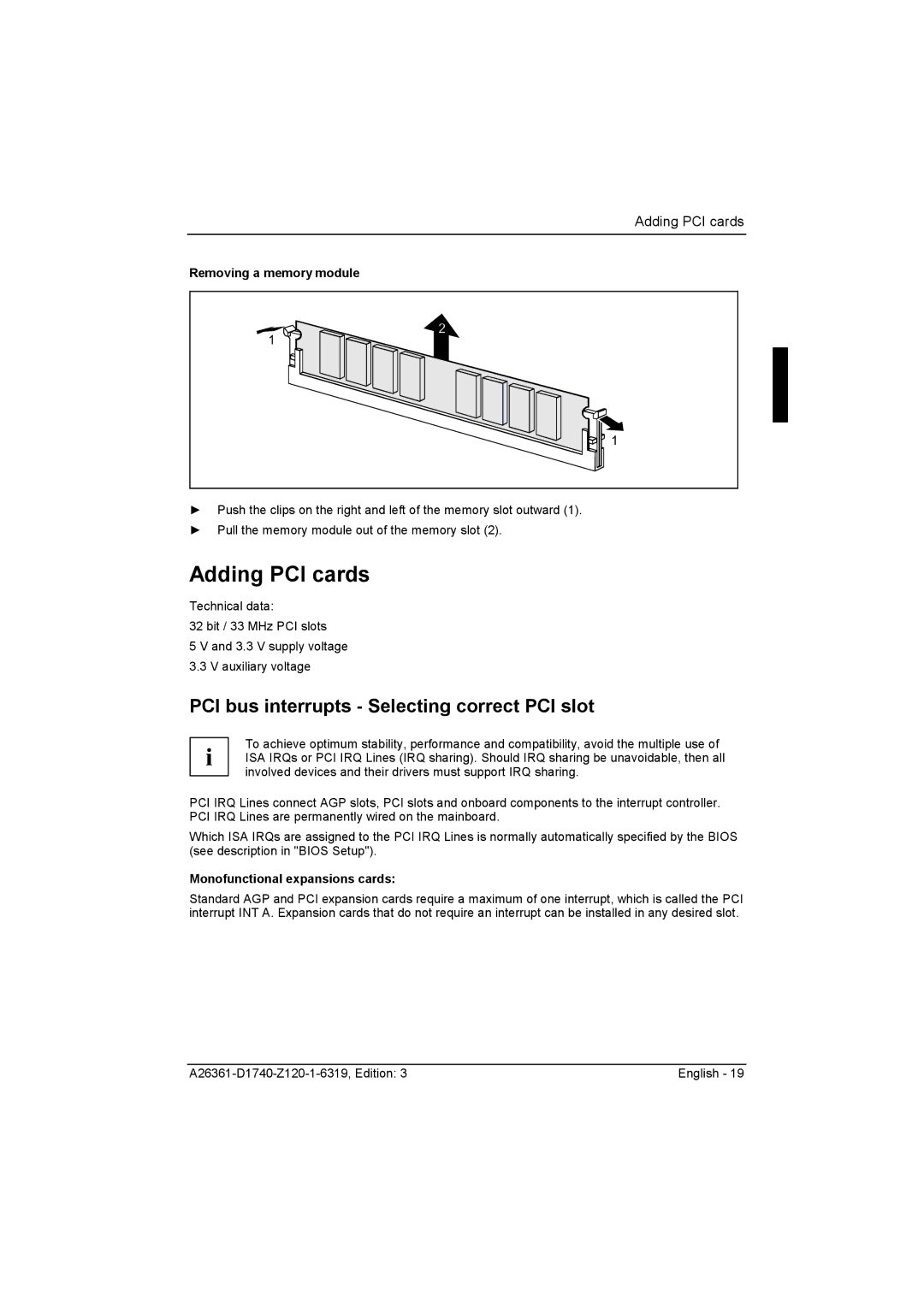 Fujitsu D1740 technical manual Adding PCI cards, PCI bus interrupts Selecting correct PCI slot, Removing a memory module 