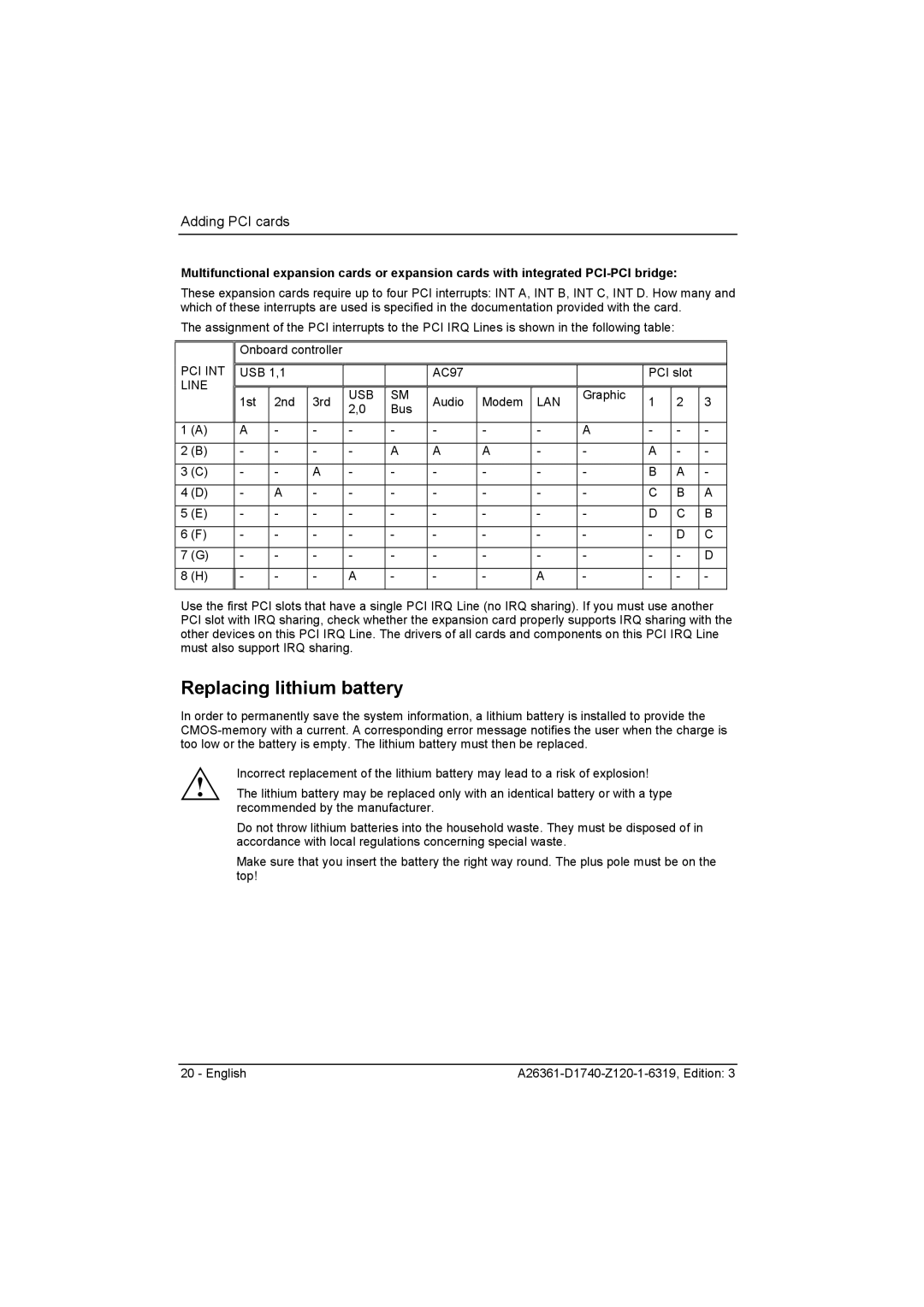 Fujitsu D1740 technical manual Replacing lithium battery, Lan 