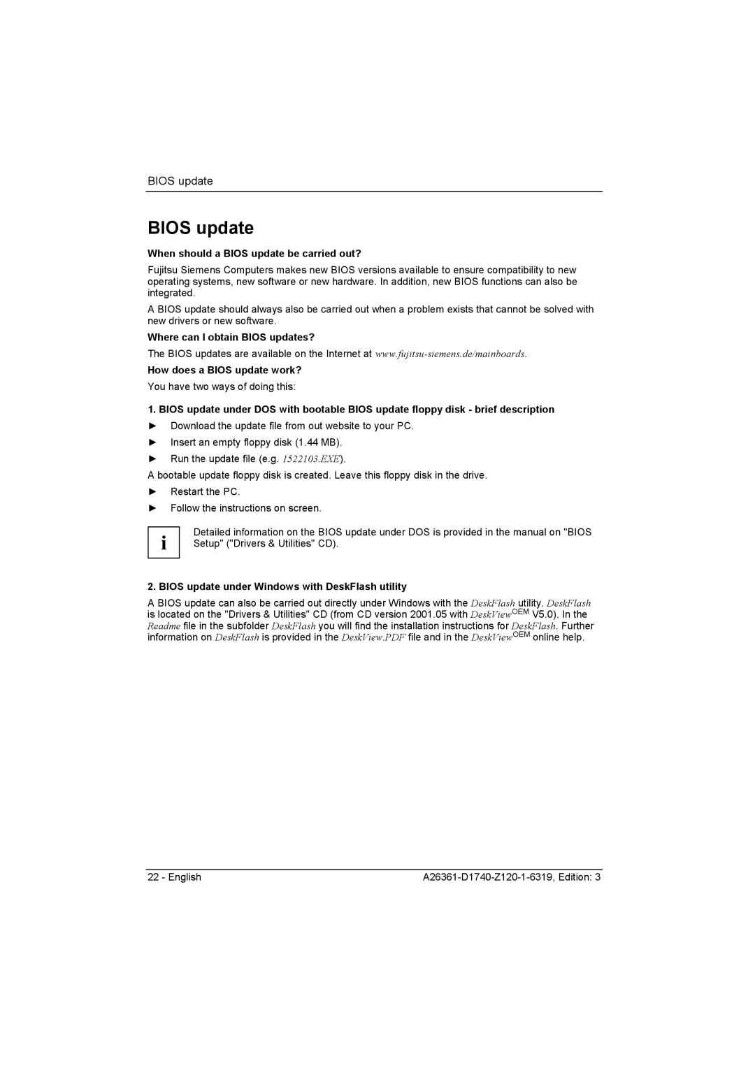 Fujitsu D1740 When should a Bios update be carried out?, Bios update under Windows with DeskFlash utility 