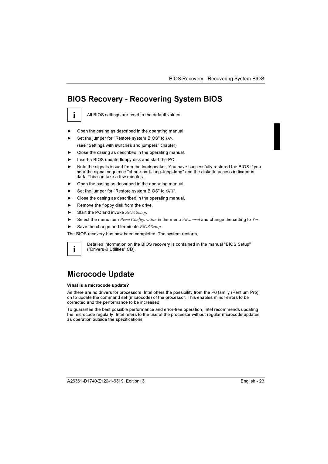 Fujitsu D1740 technical manual Bios Recovery Recovering System Bios, Microcode Update, What is a microcode update? 