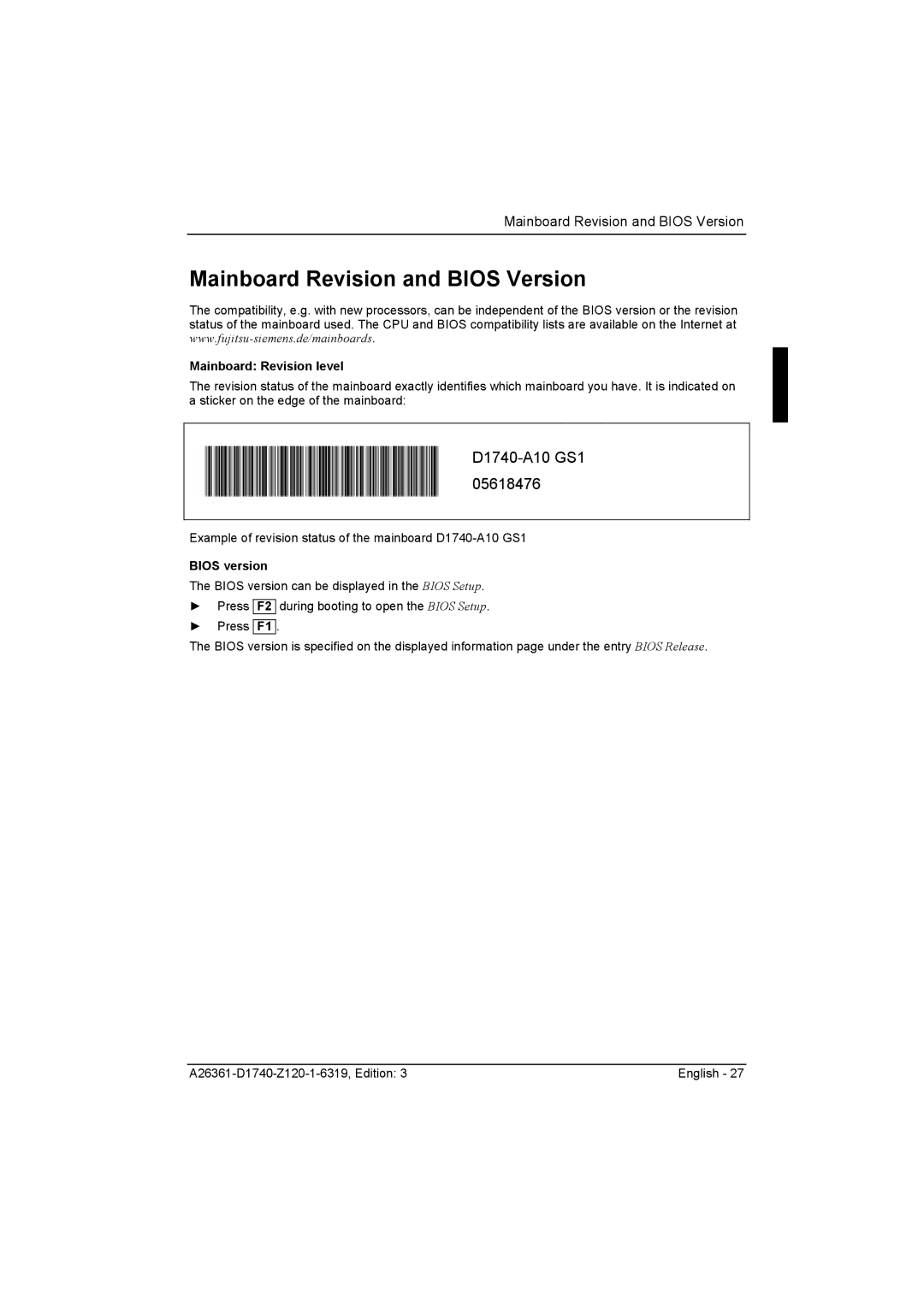 Fujitsu D1740 technical manual Mainboard Revision and Bios Version, Mainboard Revision level, Bios version 