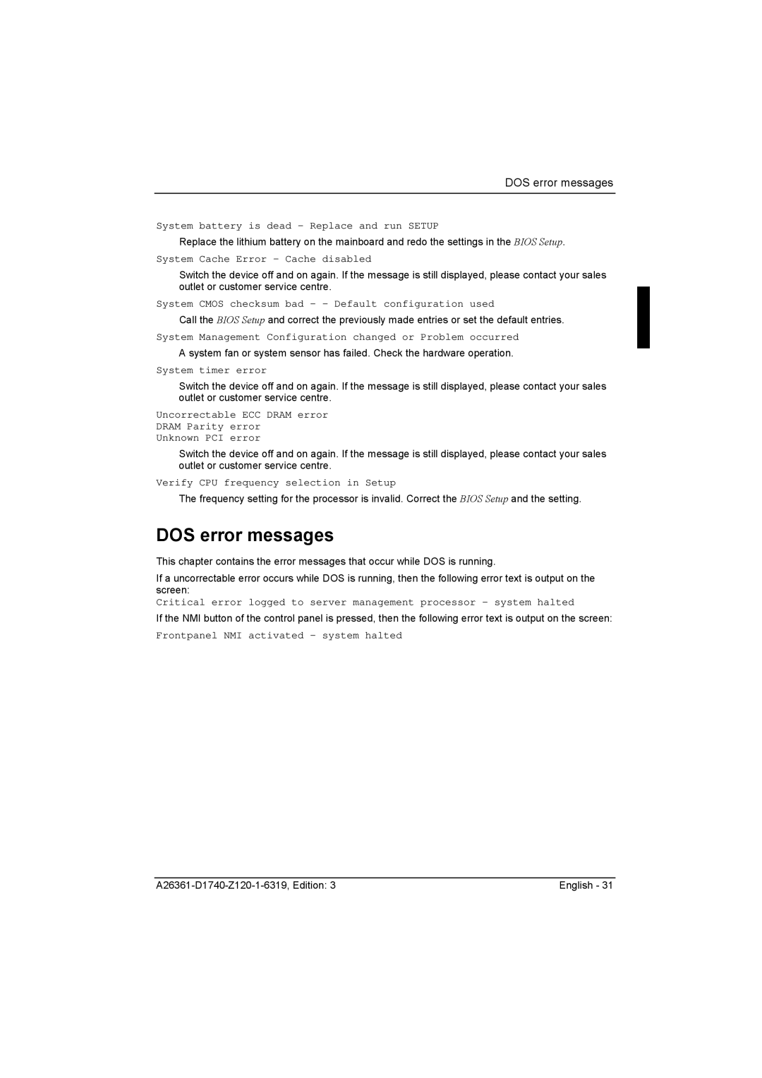 Fujitsu D1740 technical manual DOS error messages 