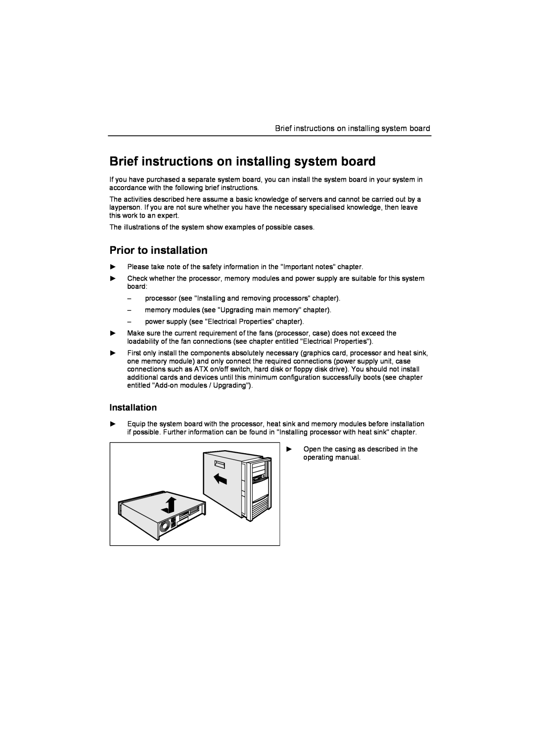 Fujitsu D1859 technical manual Brief instructions on installing system board, Prior to installation, Installation 