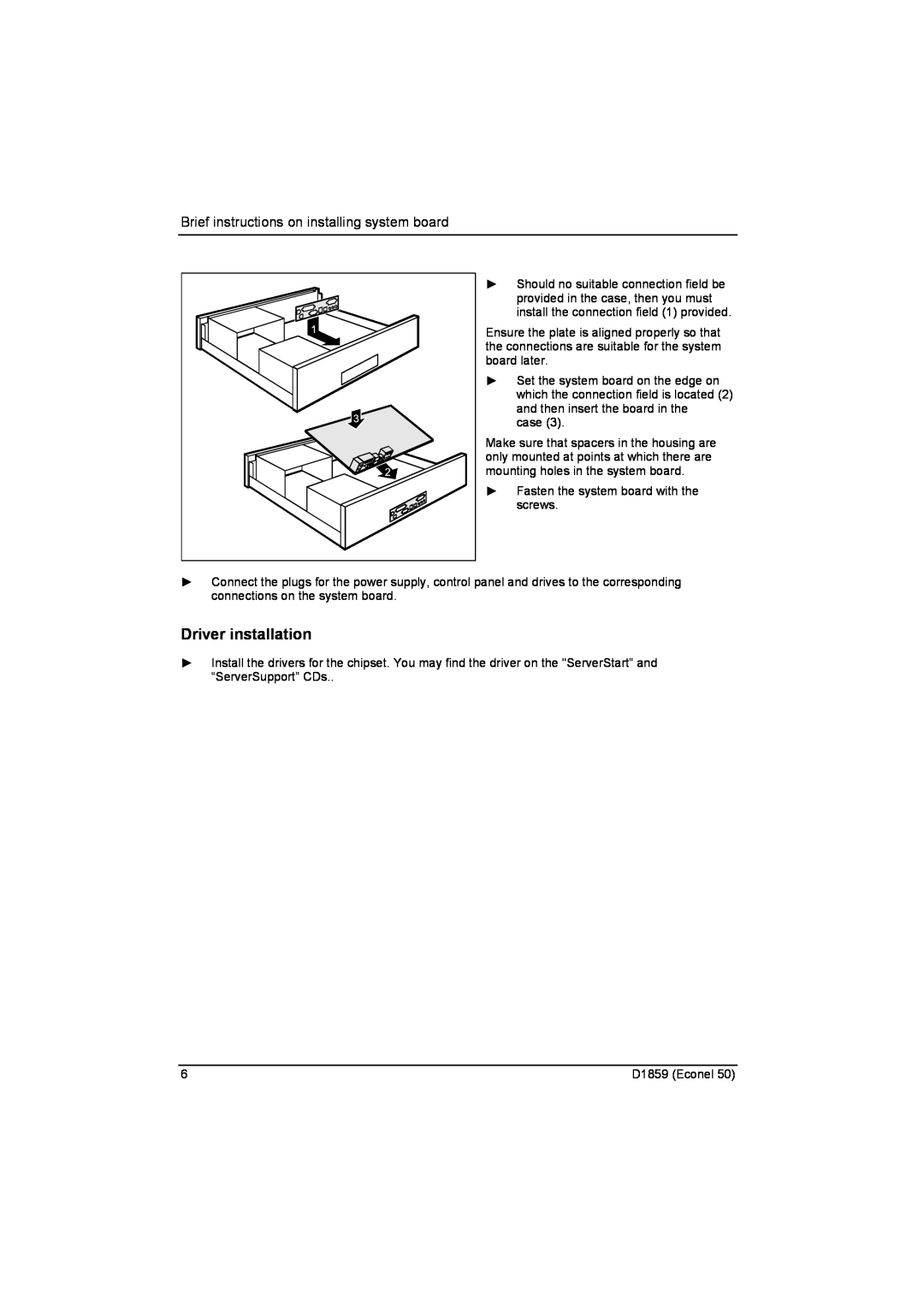 Fujitsu D1859 technical manual Driver installation, Brief instructions on installing system board 