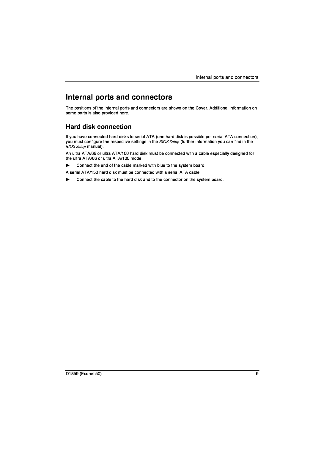 Fujitsu D1859 technical manual Internal ports and connectors, Hard disk connection 