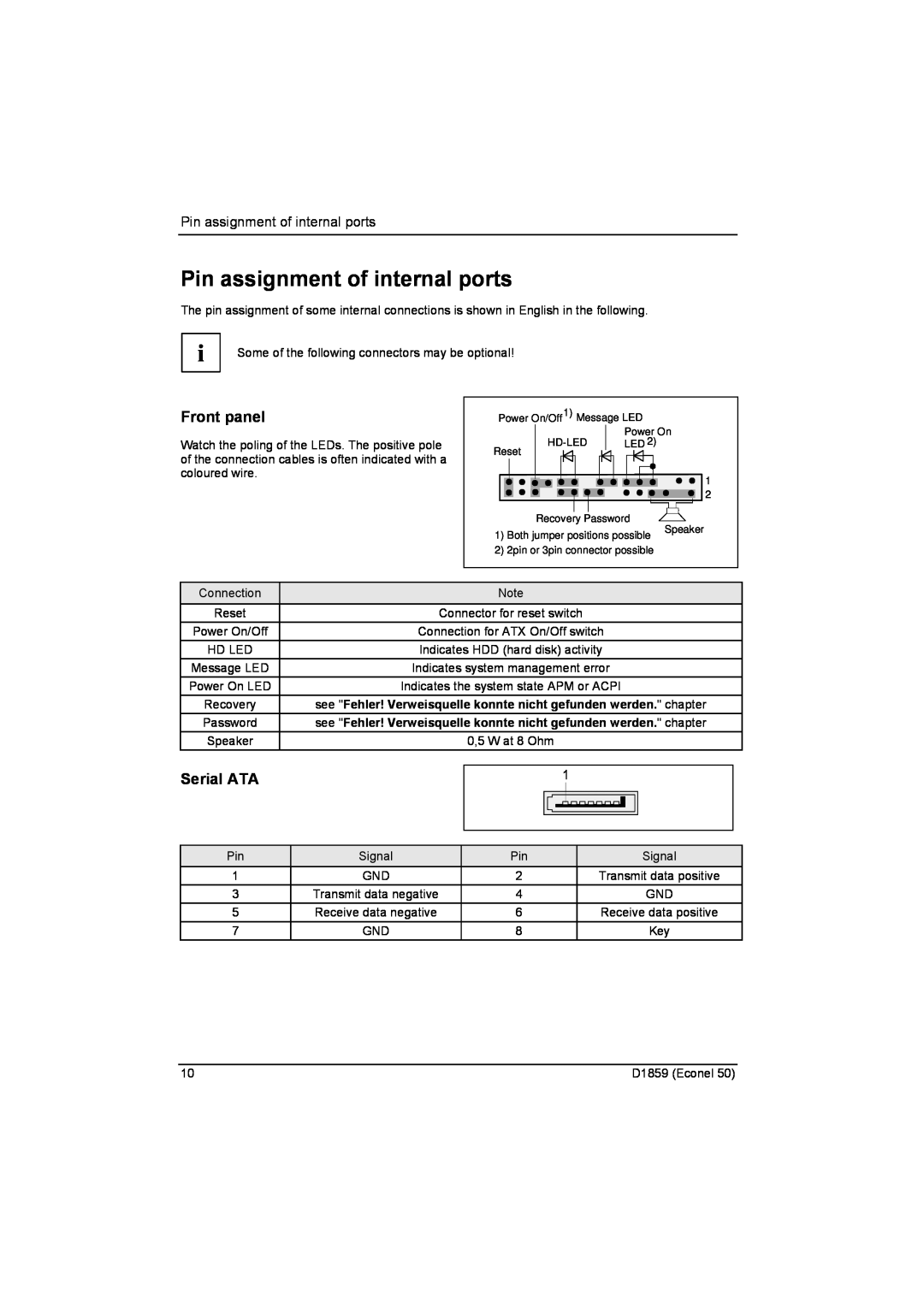 Fujitsu D1859 technical manual Pin assignment of internal ports, Front panel, Serial ATA 