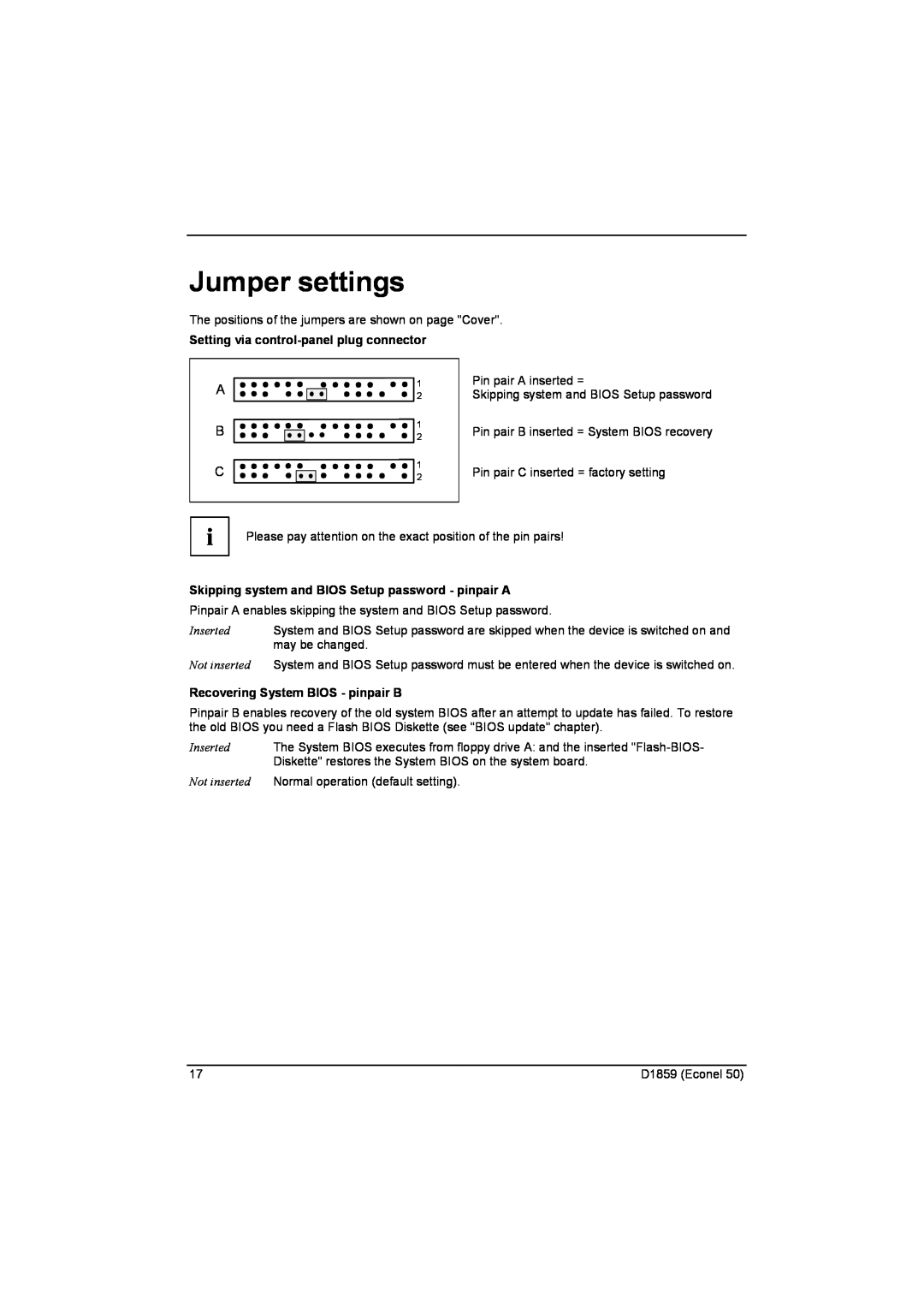 Fujitsu D1859 Jumper settings, Setting via control-panel plug connector, Recovering System BIOS - pinpair B 