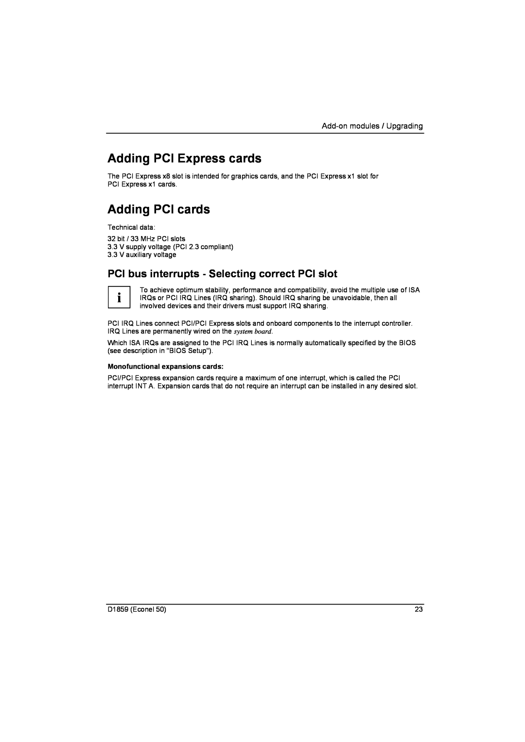 Fujitsu D1859 technical manual Adding PCI Express cards, Adding PCI cards, PCI bus interrupts - Selecting correct PCI slot 