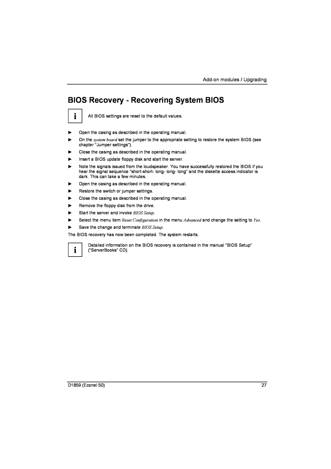 Fujitsu D1859 technical manual BIOS Recovery - Recovering System BIOS, Add-on modules / Upgrading 