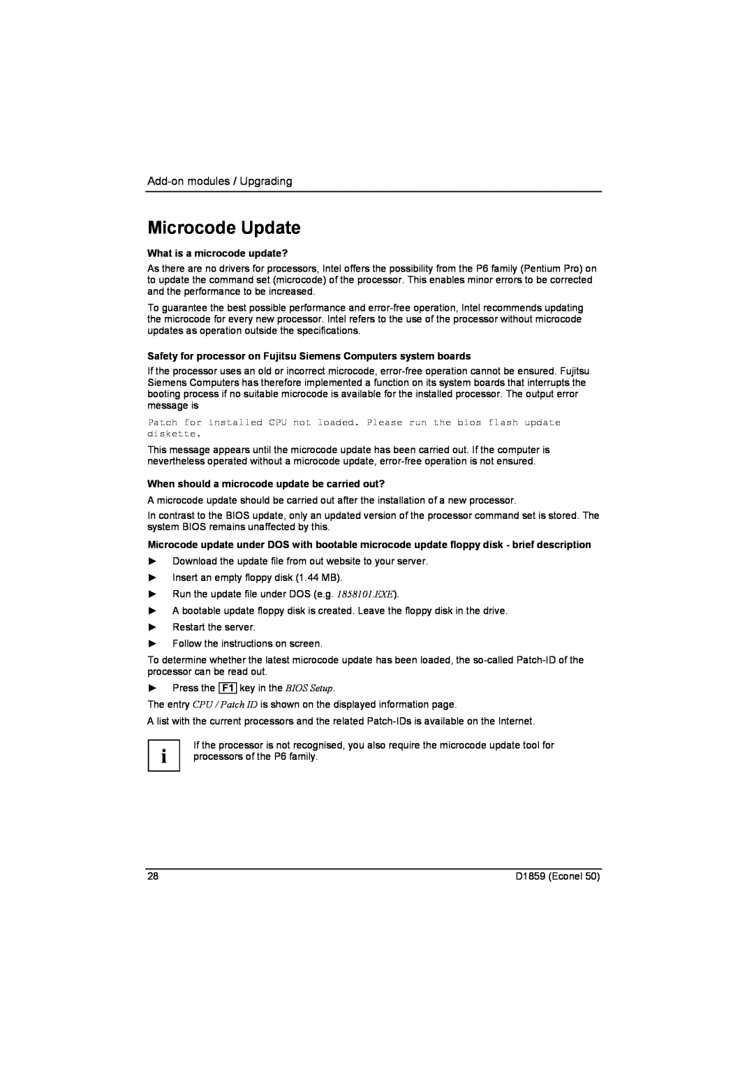 Fujitsu D1859 technical manual Microcode Update, Add-on modules / Upgrading, What is a microcode update? 