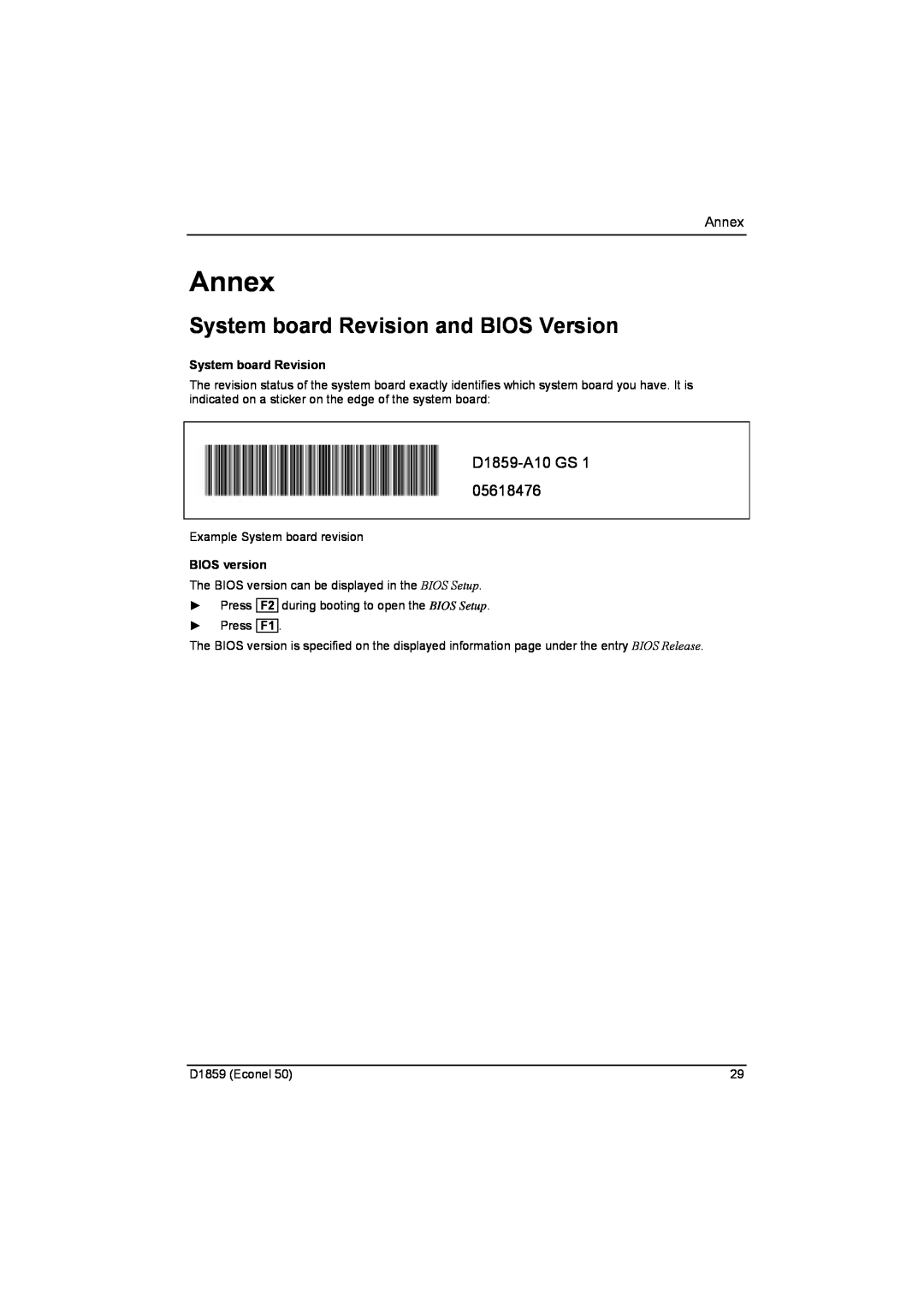 Fujitsu technical manual Annex, System board Revision and BIOS Version, D1859-A10 GS 05618476, BIOS version 