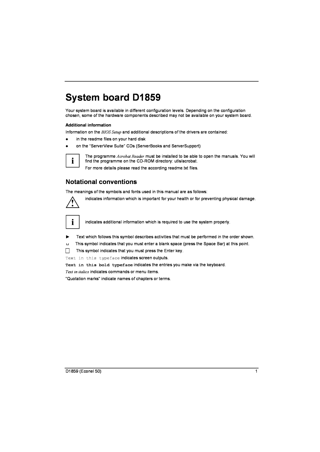 Fujitsu technical manual System board D1859, Notational conventions, Additional information 