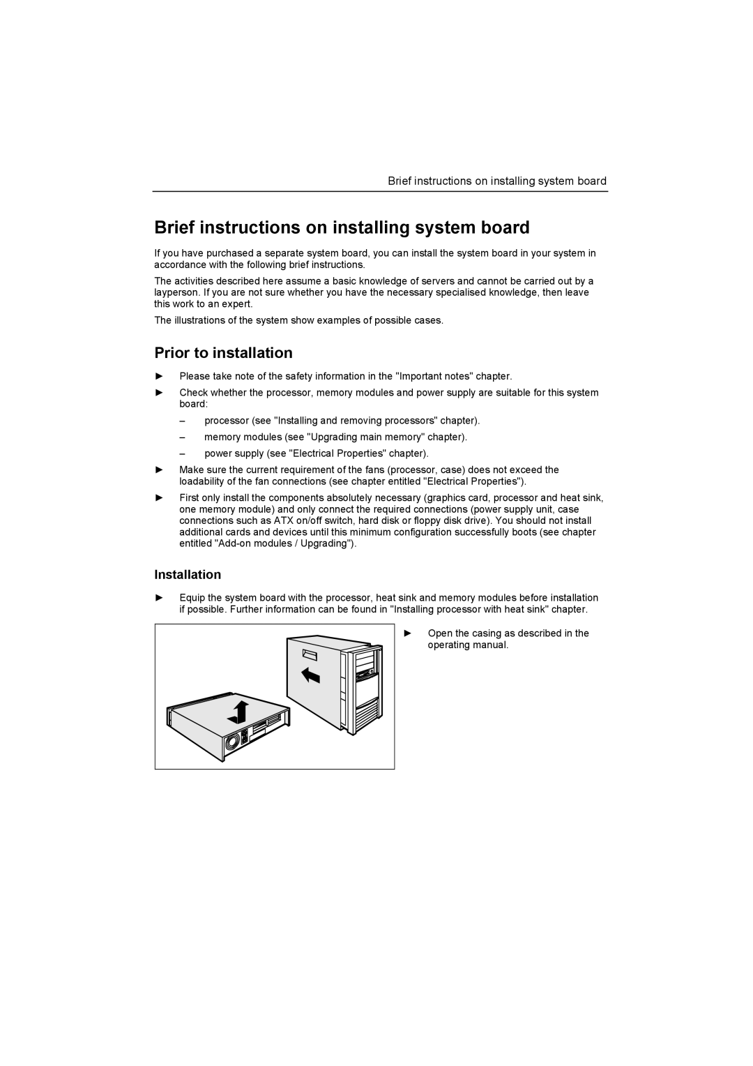 Fujitsu D1859 technical manual Brief instructions on installing system board, Prior to installation, Installation 