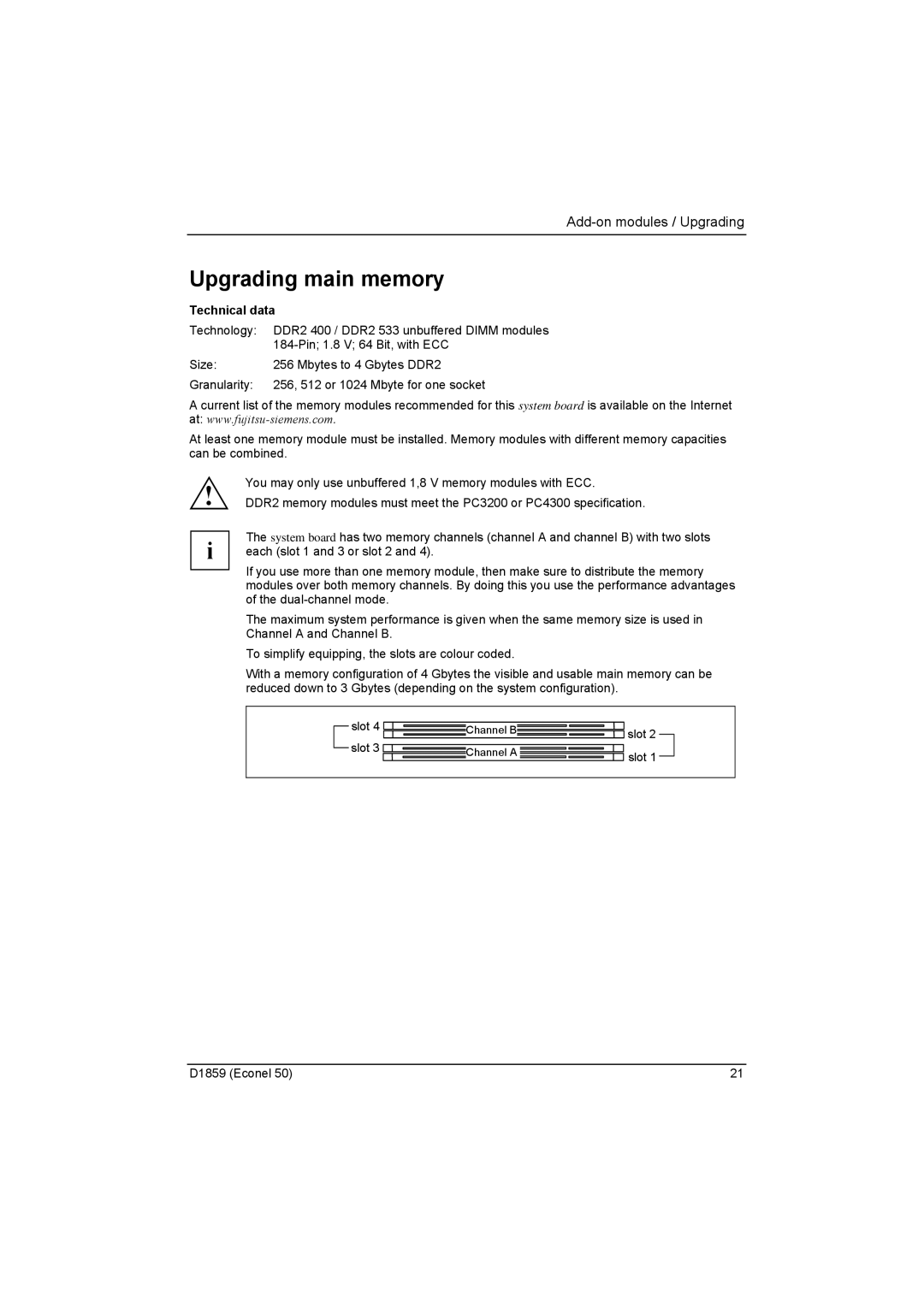 Fujitsu D1859 technical manual Upgrading main memory, Technical data 