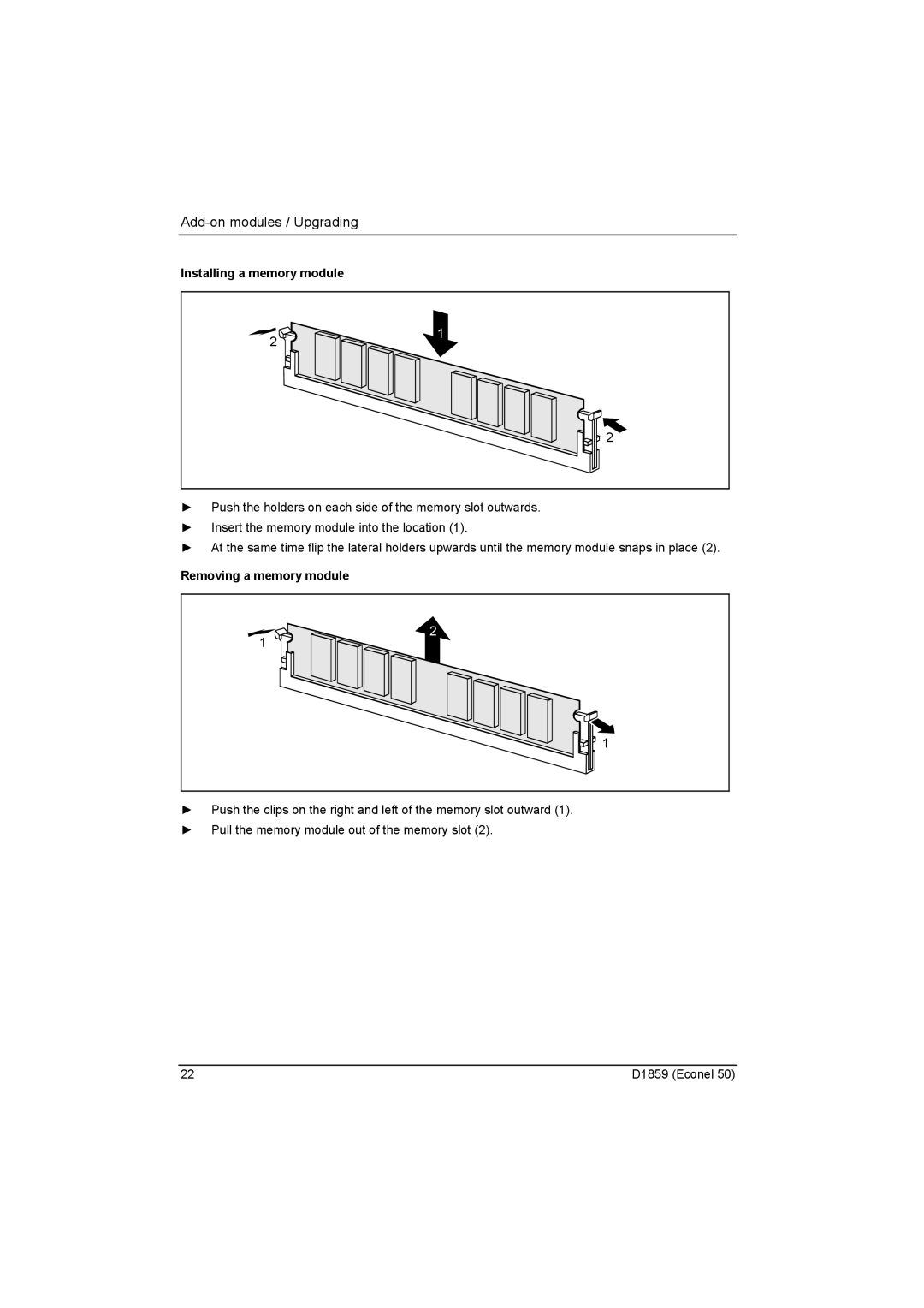 Fujitsu D1859 technical manual Installing a memory module, Removing a memory module 