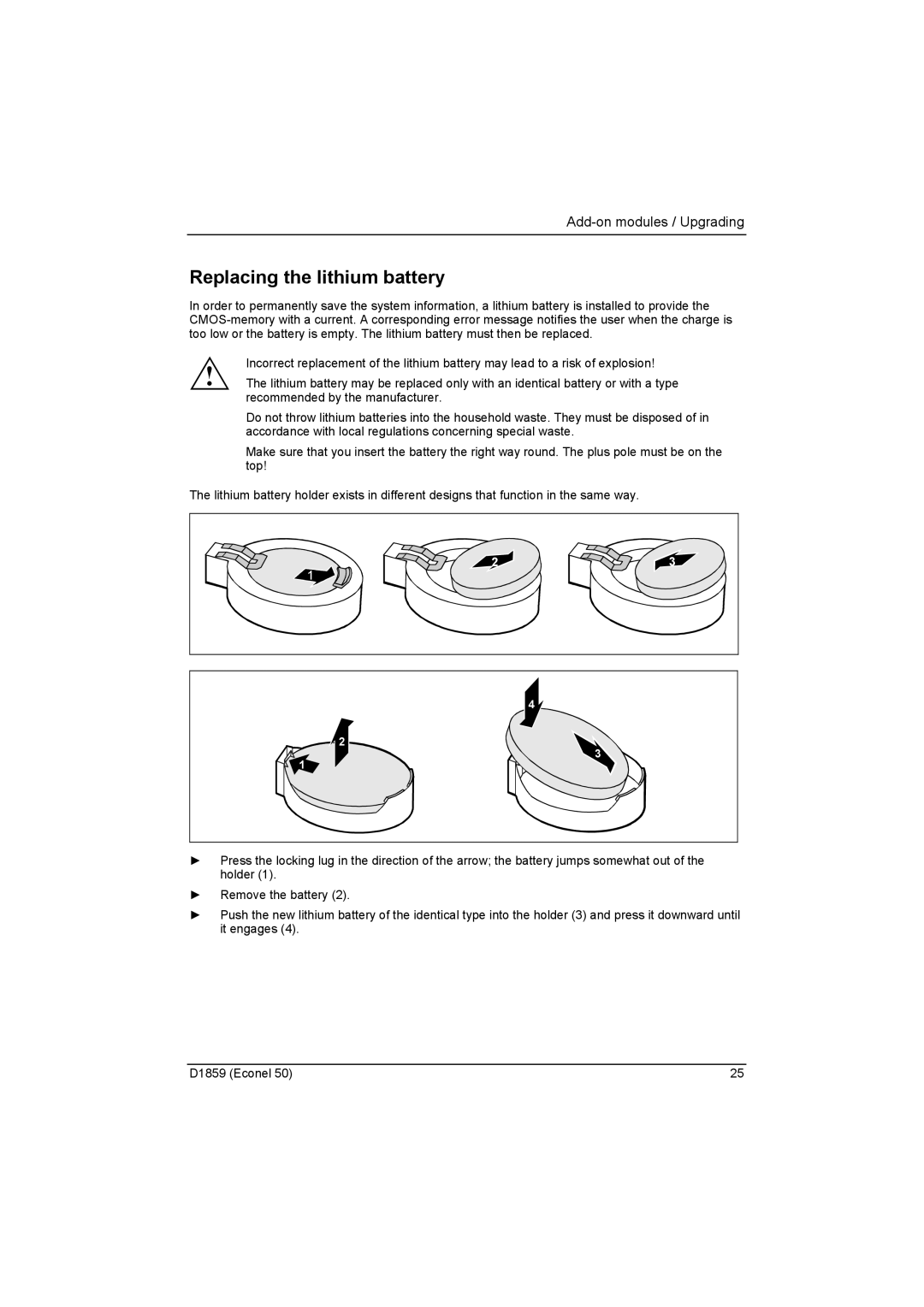 Fujitsu D1859 technical manual Replacing the lithium battery 