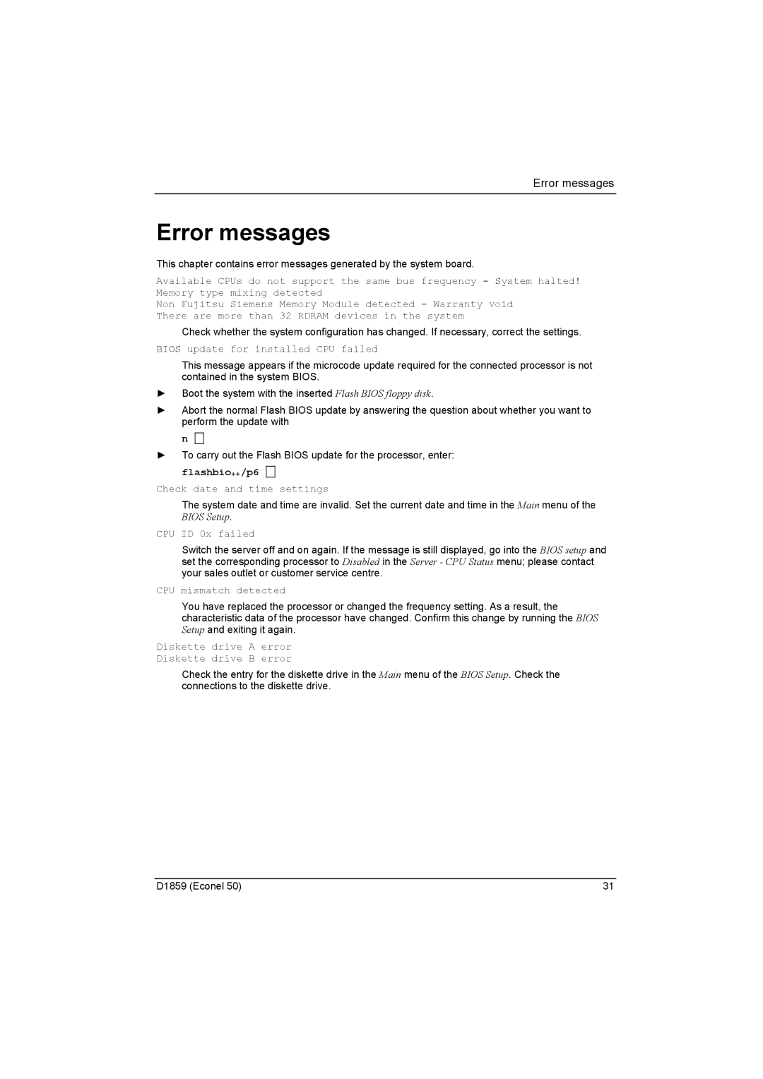 Fujitsu D1859 technical manual Error messages, Bios update for installed CPU failed 