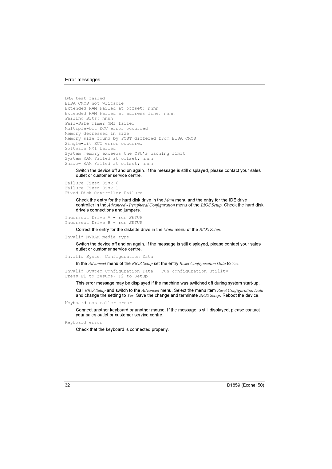 Fujitsu D1859 technical manual Incorrect Drive a run Setup Incorrect Drive B run Setup 