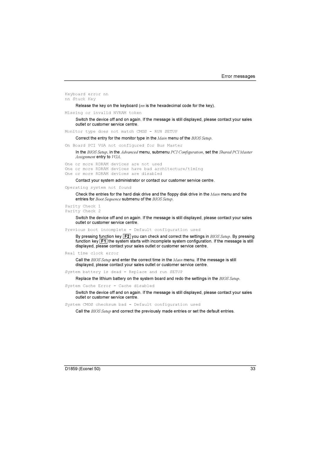 Fujitsu D1859 technical manual Keyboard error nn nn Stuck Key 