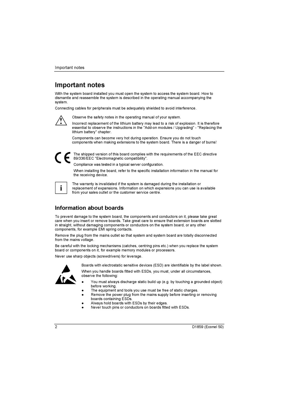 Fujitsu D1859 technical manual Important notes, Information about boards 