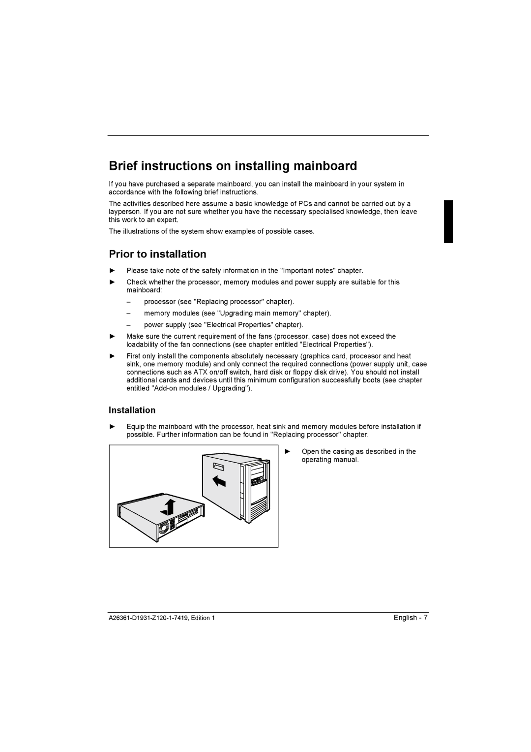 Fujitsu D1931 technical manual Brief instructions on installing mainboard, Prior to installation, Installation 