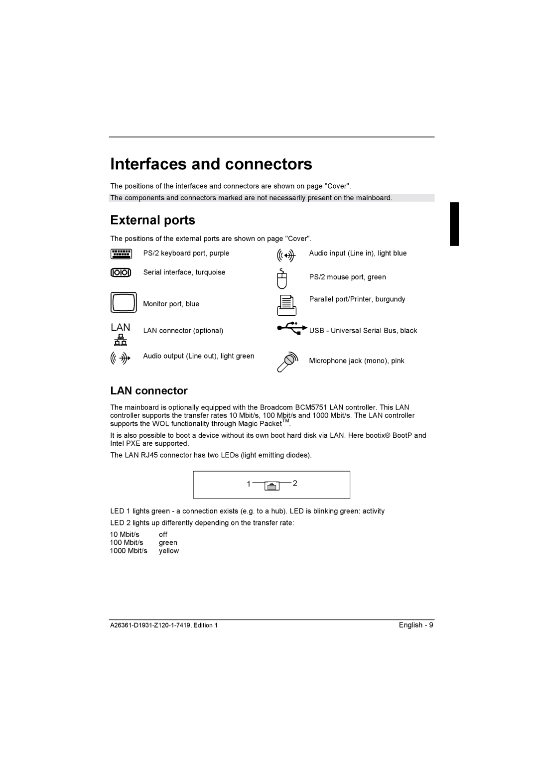 Fujitsu D1931 technical manual Interfaces and connectors, External ports, LAN connector 