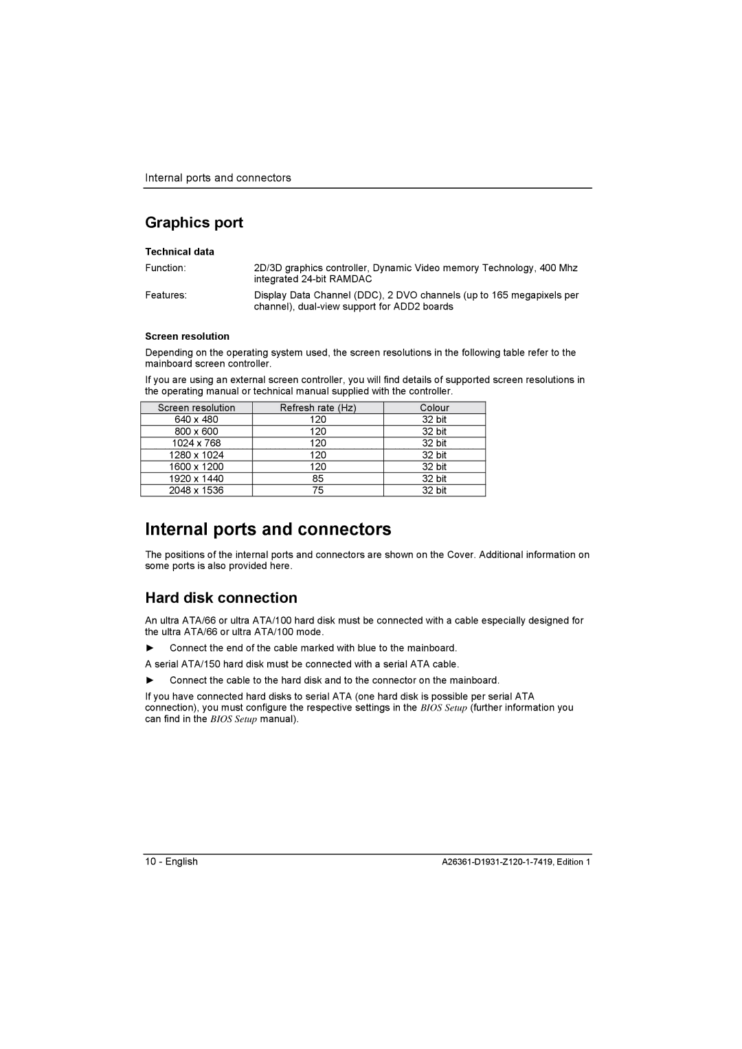 Fujitsu D1931 Internal ports and connectors, Graphics port, Hard disk connection, Technical data, Screen resolution 