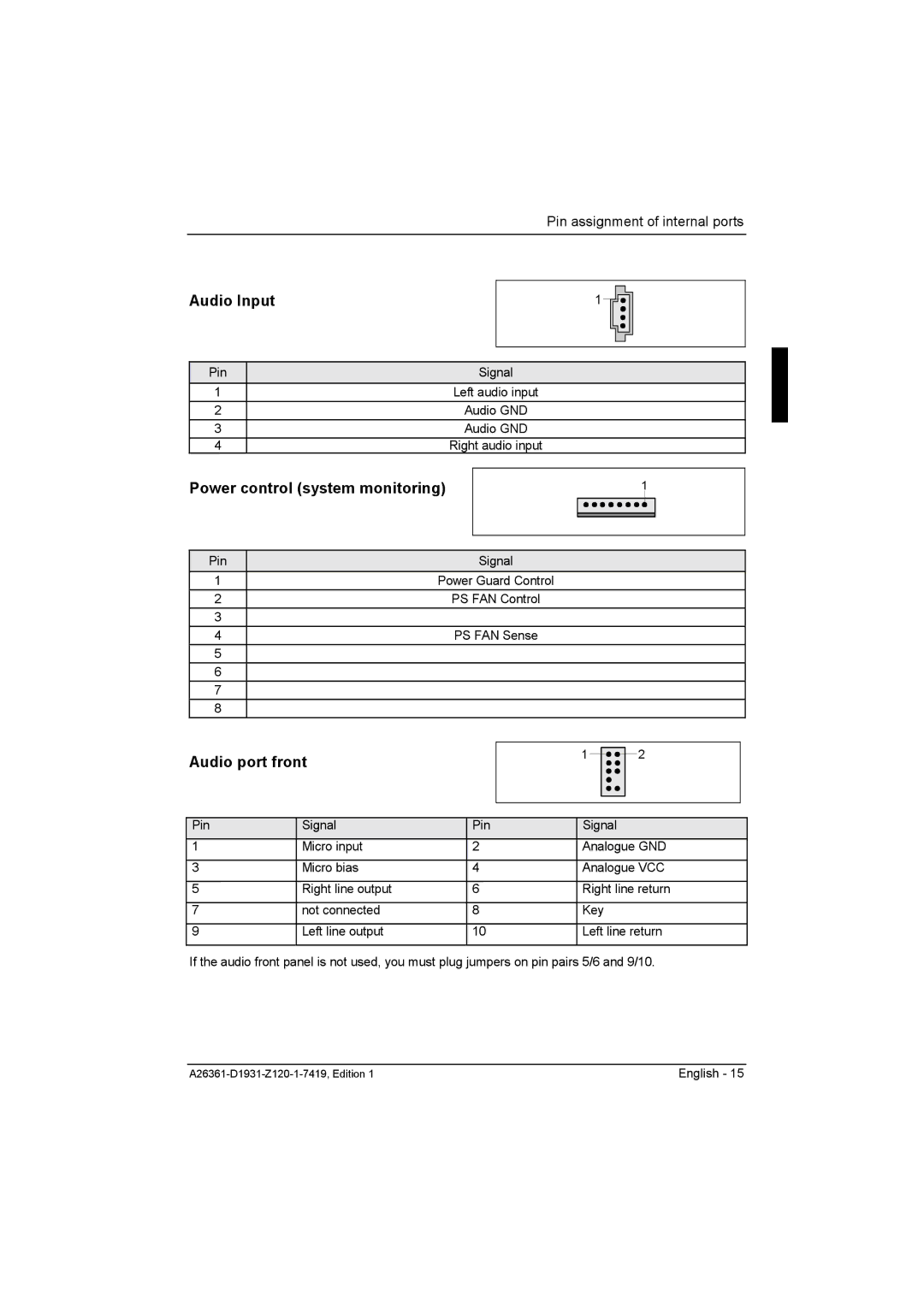 Fujitsu D1931 technical manual Audio Input, Power control system monitoring, Audio port front 