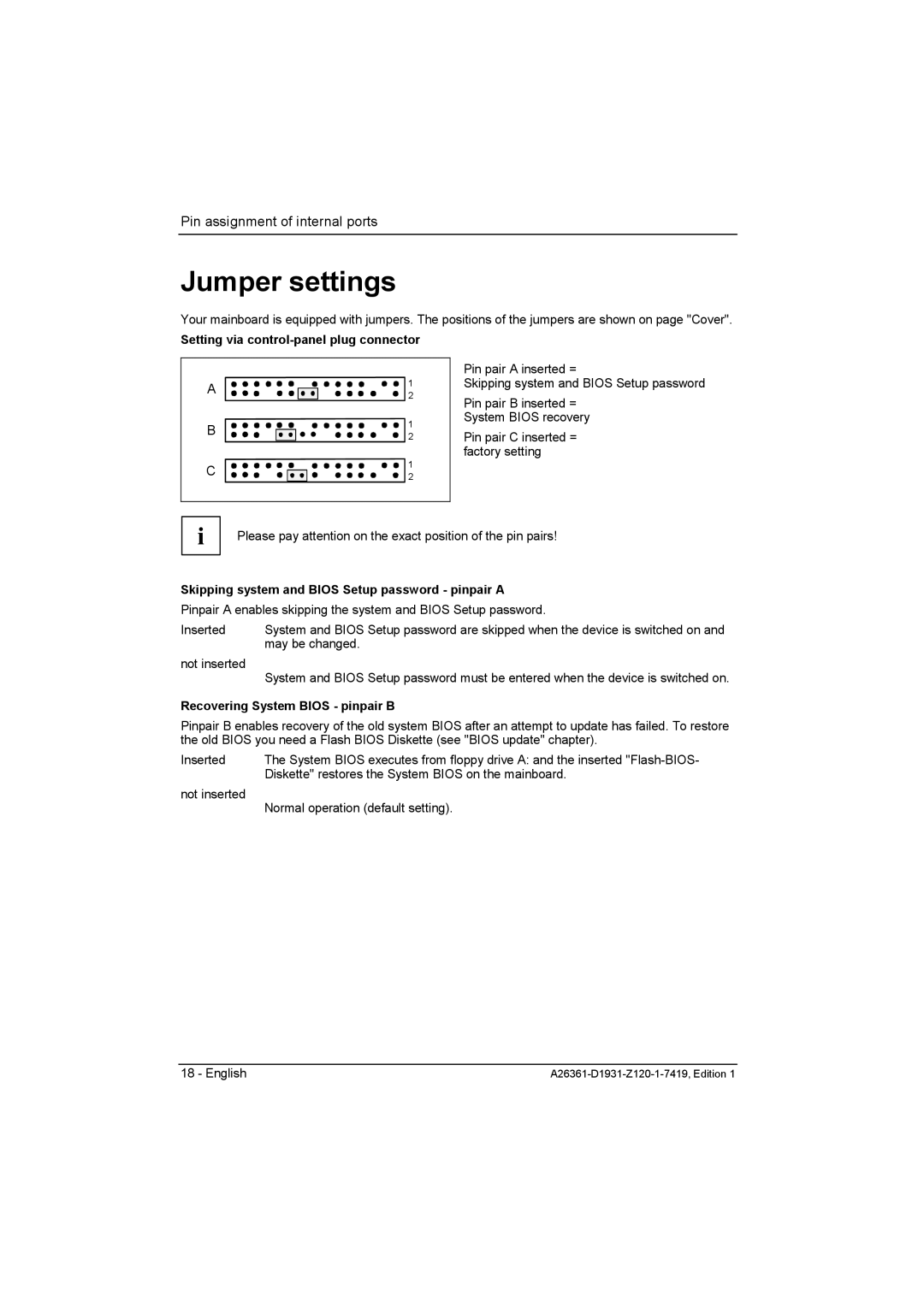 Fujitsu D1931 Jumper settings, Setting via control-panel plug connector, Skipping system and Bios Setup password pinpair a 