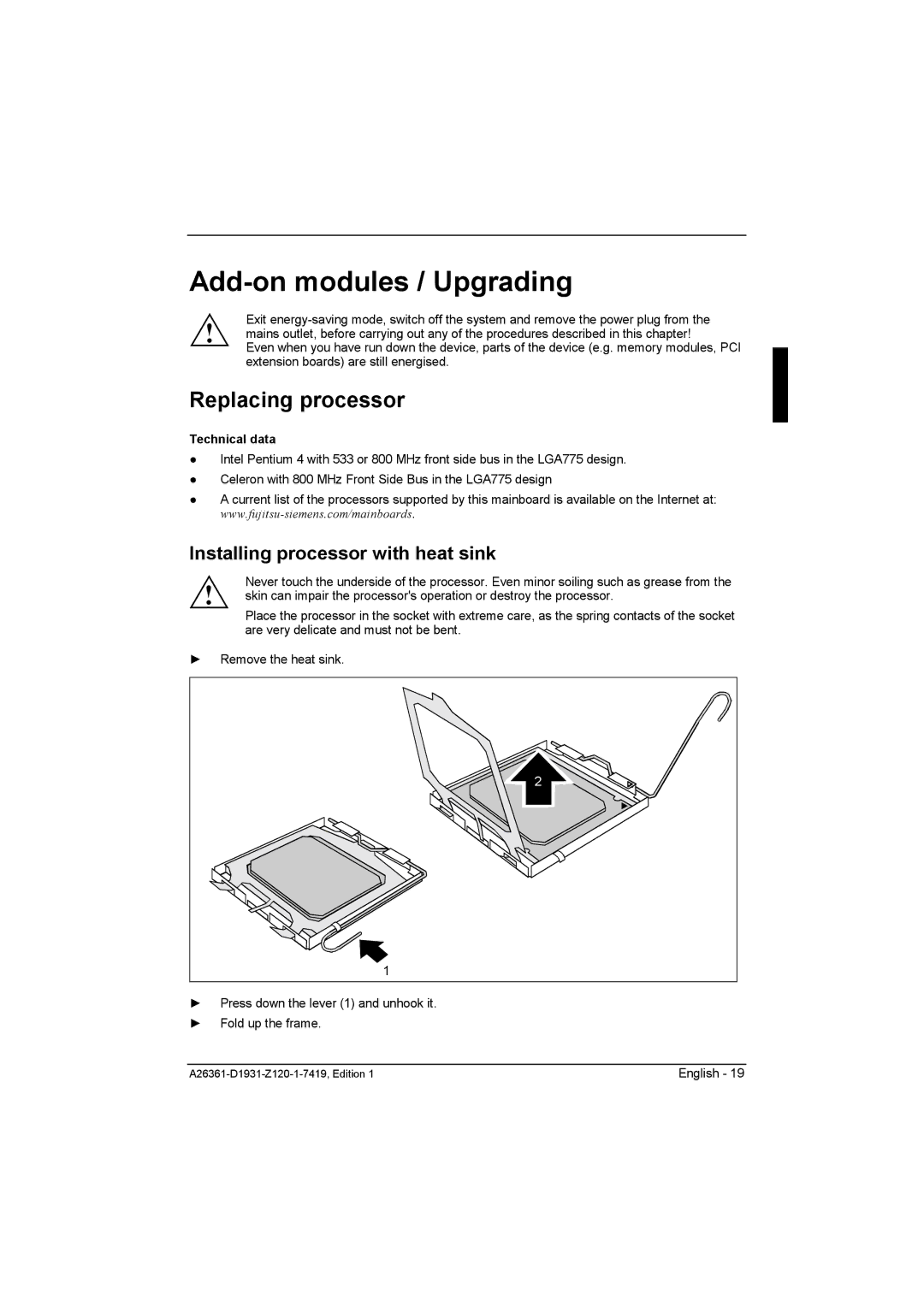 Fujitsu D1931 technical manual Add-on modules / Upgrading, Replacing processor, Installing processor with heat sink 