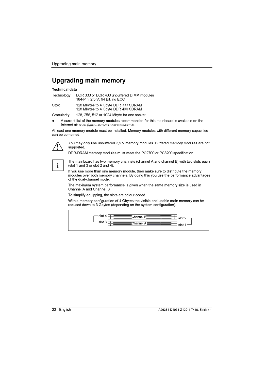 Fujitsu D1931 technical manual Upgrading main memory, Technical data 