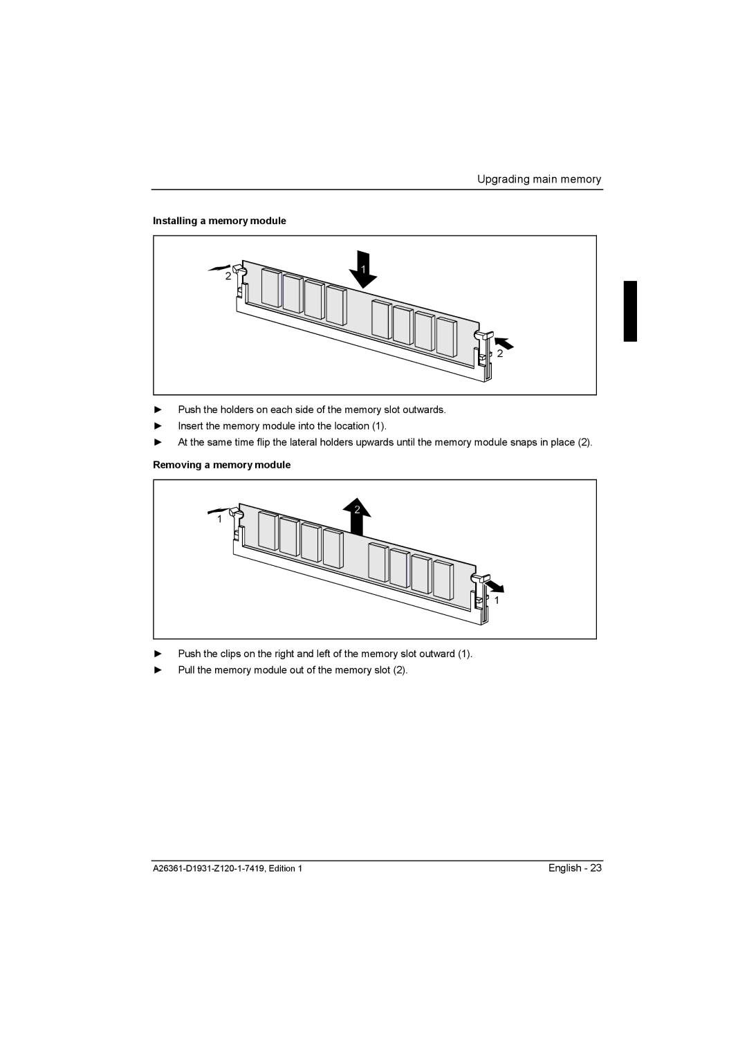 Fujitsu D1931 technical manual Installing a memory module, Removing a memory module 