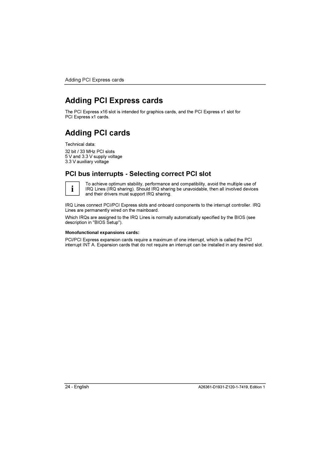 Fujitsu D1931 technical manual Adding PCI Express cards, Adding PCI cards, PCI bus interrupts Selecting correct PCI slot 