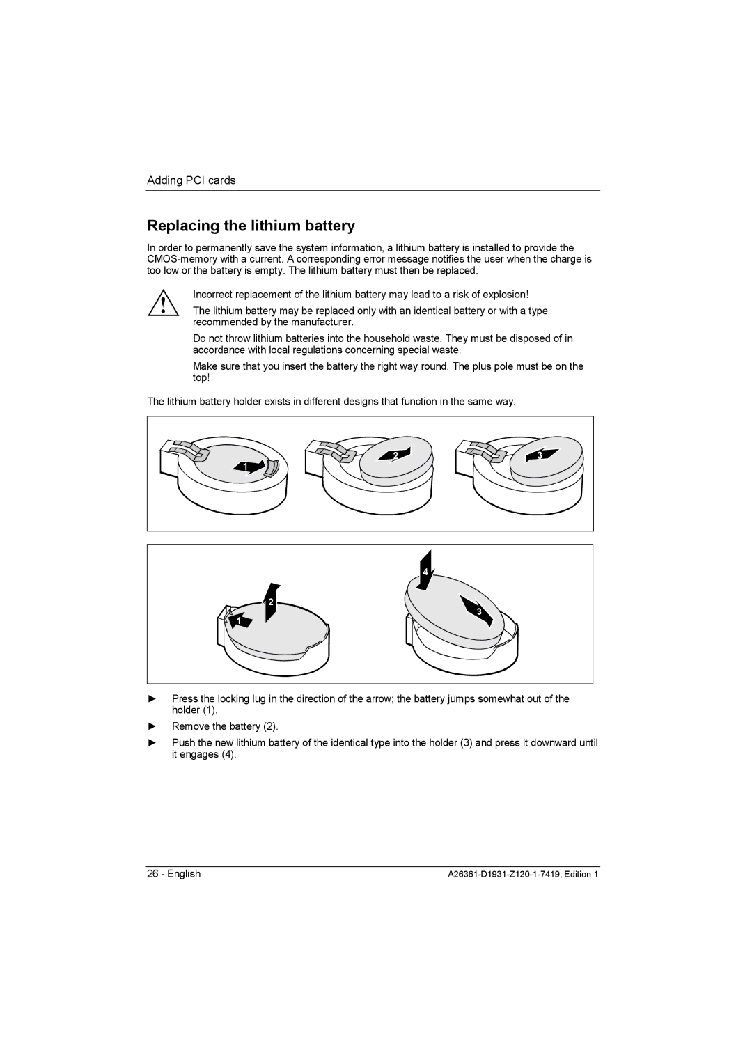 Fujitsu D1931 technical manual Replacing the lithium battery 