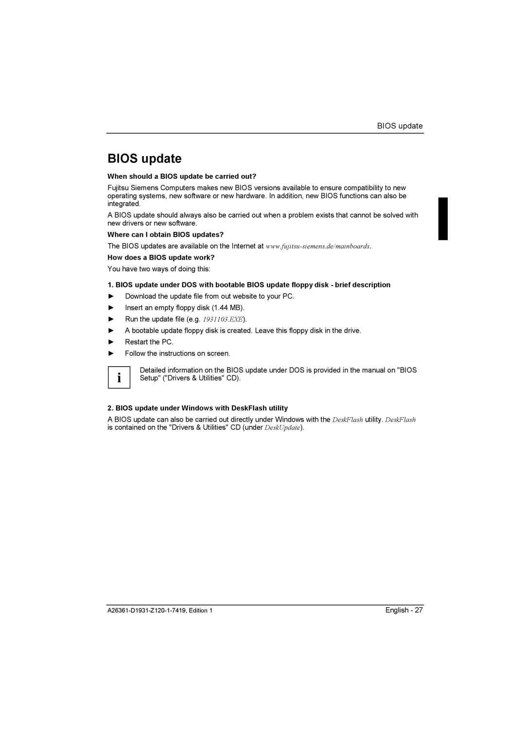 Fujitsu D1931 When should a Bios update be carried out?, Bios update under Windows with DeskFlash utility 