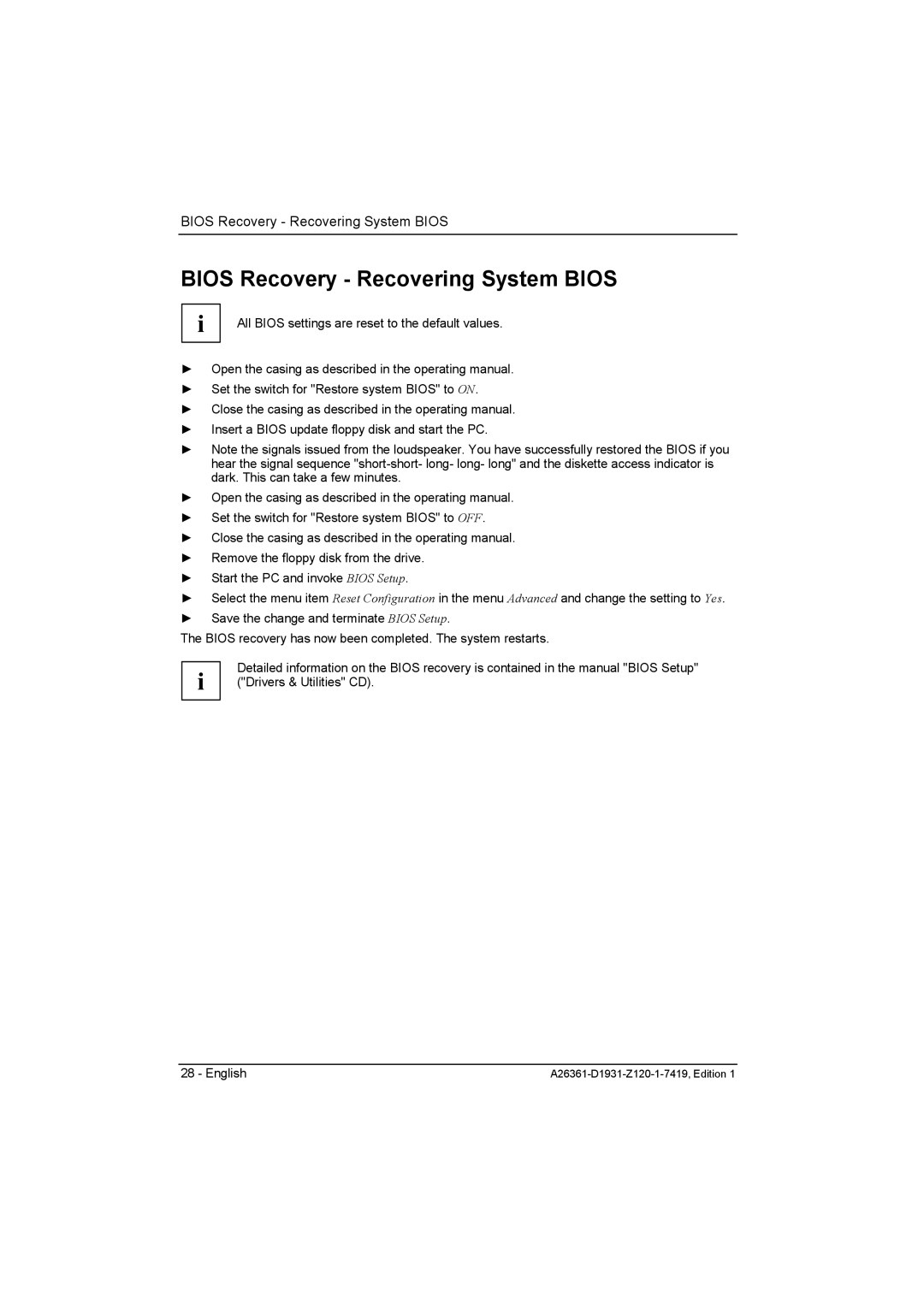 Fujitsu D1931 technical manual Bios Recovery Recovering System Bios 