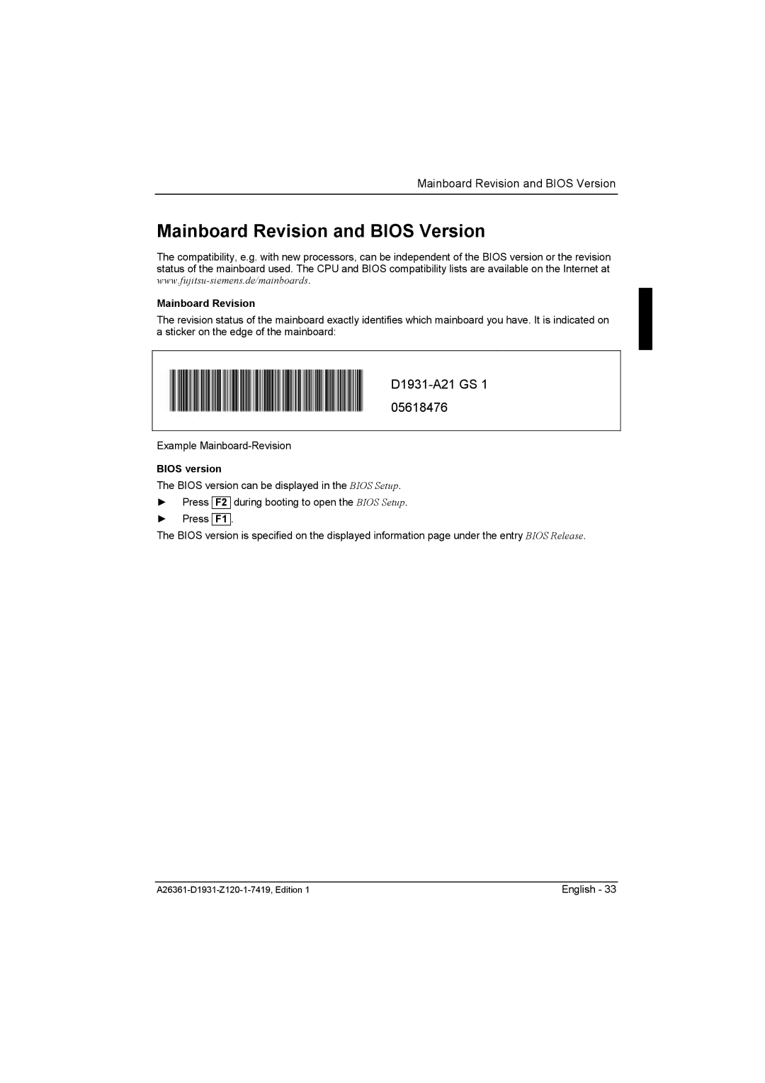 Fujitsu D1931 technical manual Mainboard Revision and Bios Version, Bios version 