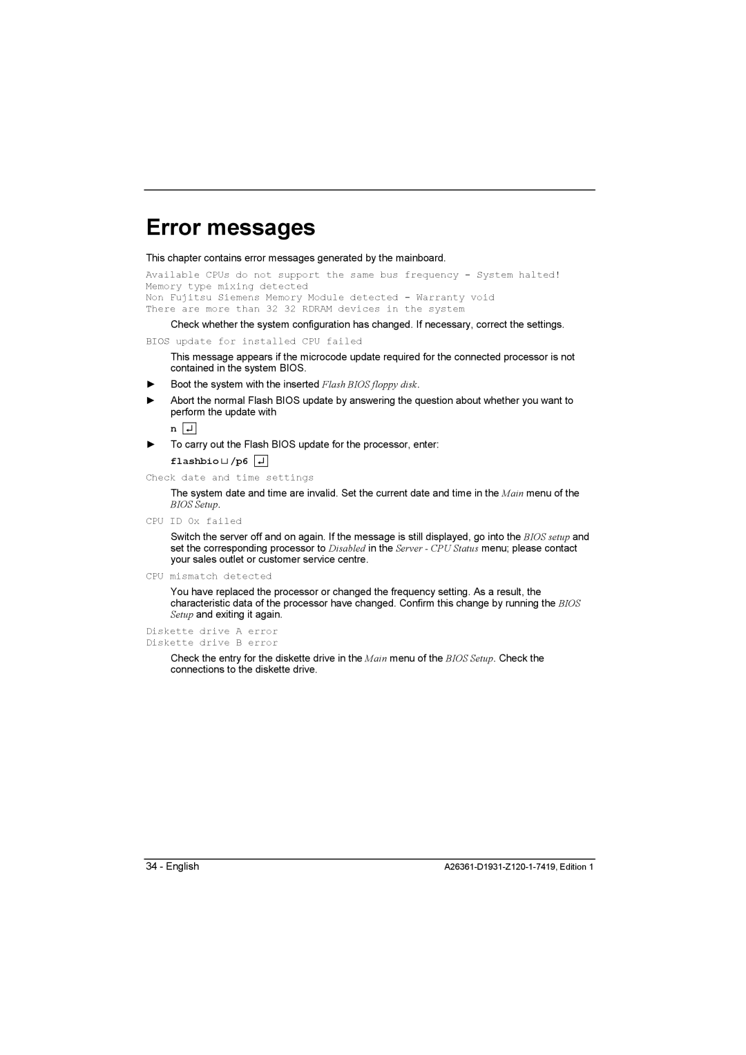 Fujitsu D1931 technical manual Error messages, Bios update for installed CPU failed 