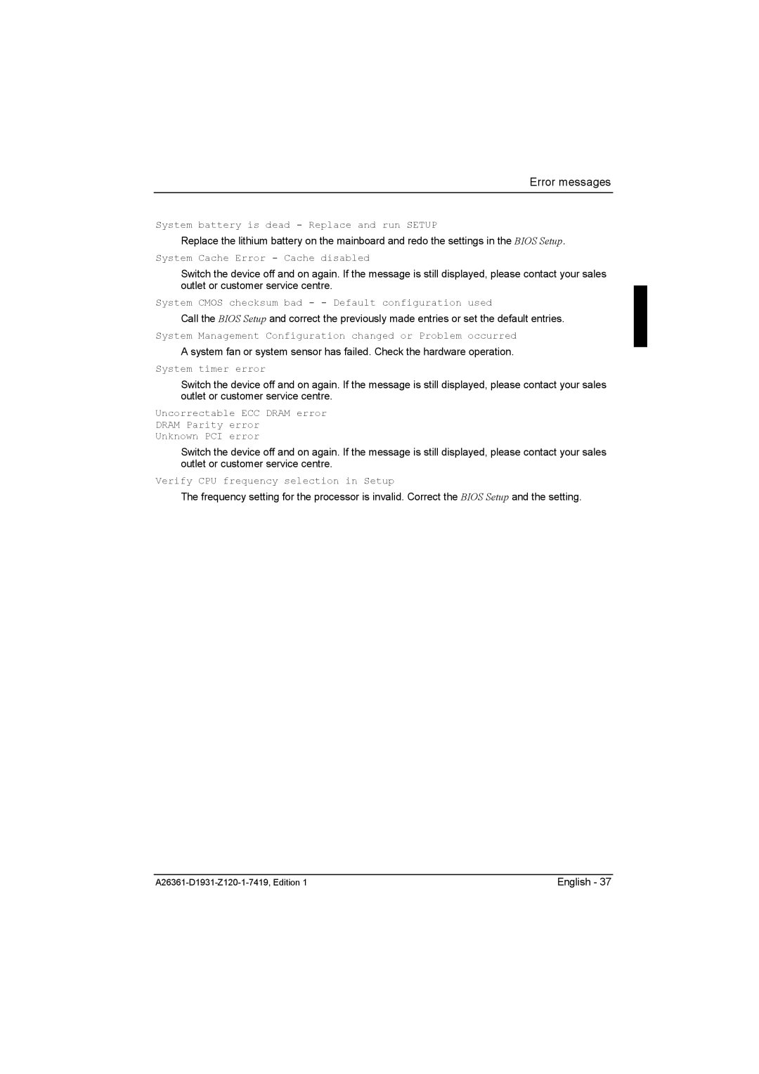 Fujitsu D1931 technical manual System battery is dead Replace and run Setup 