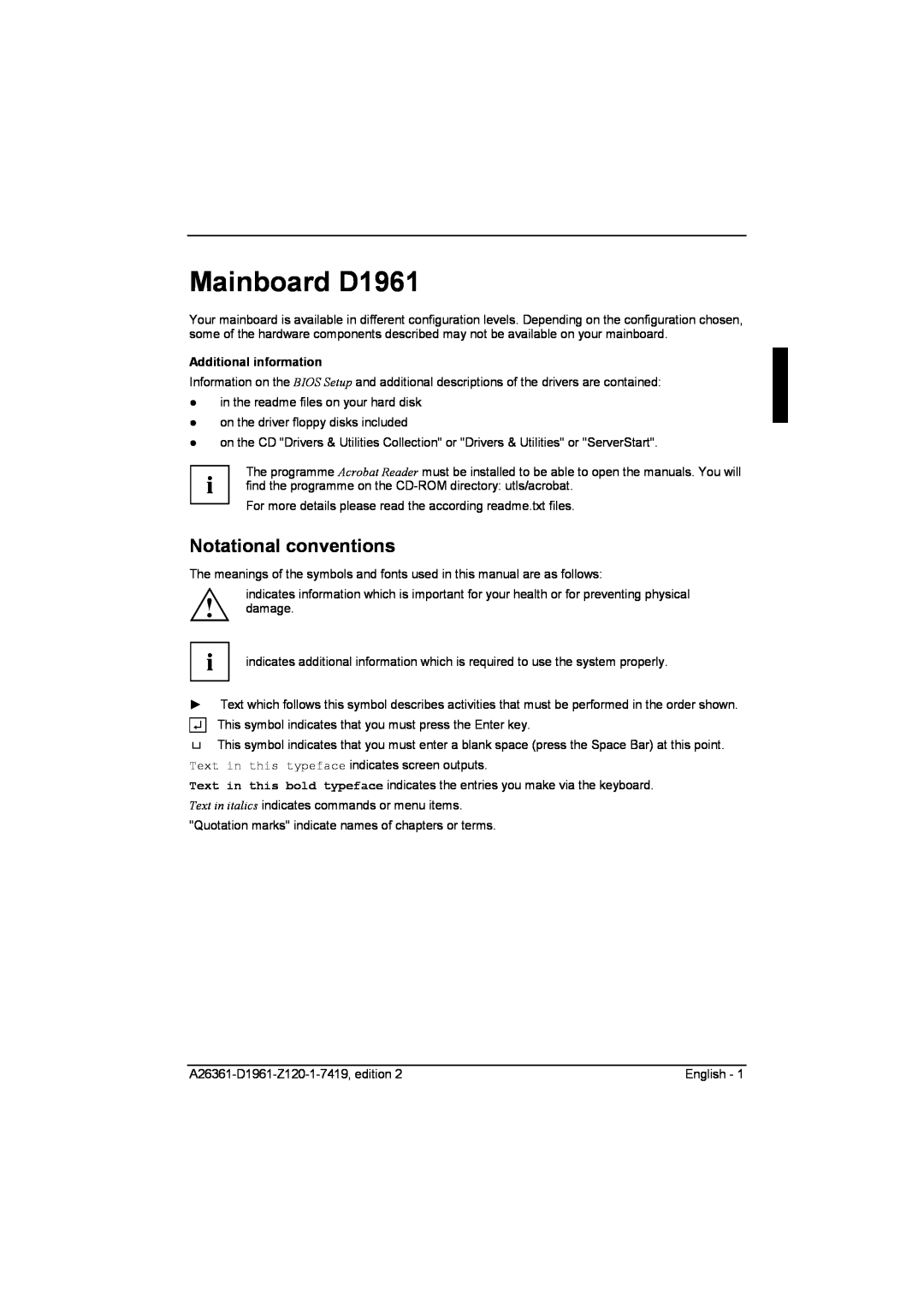Fujitsu technical manual Notational conventions, Mainboard D1961, Additional information 