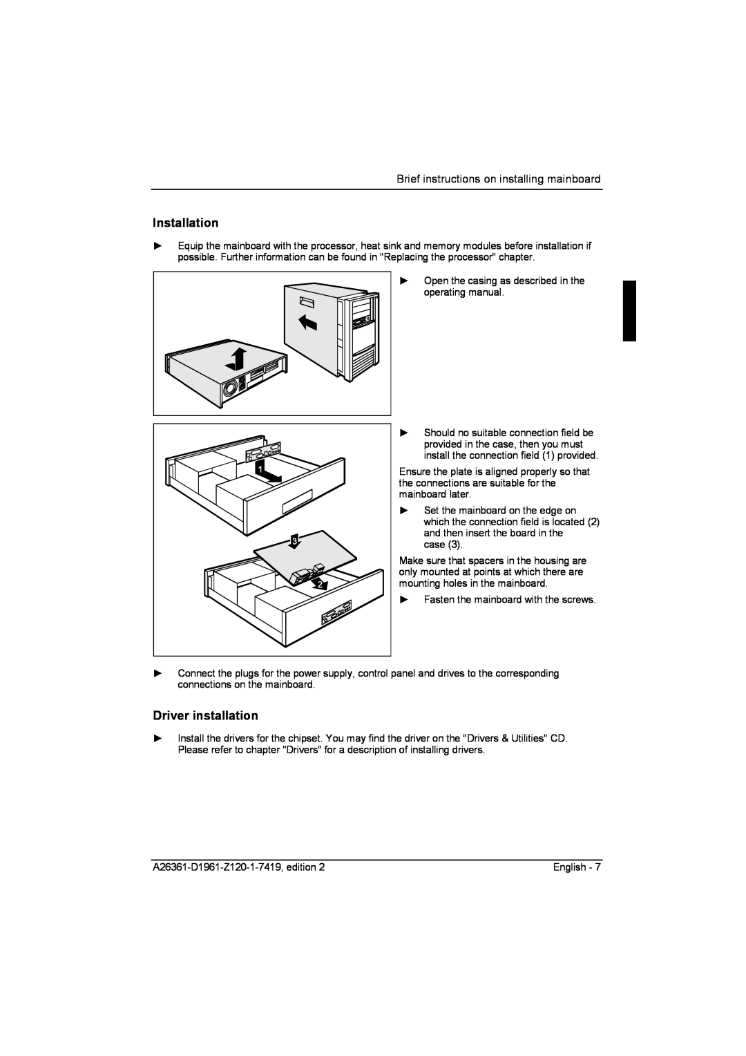 Fujitsu D1961 technical manual Installation, Driver installation, Brief instructions on installing mainboard 