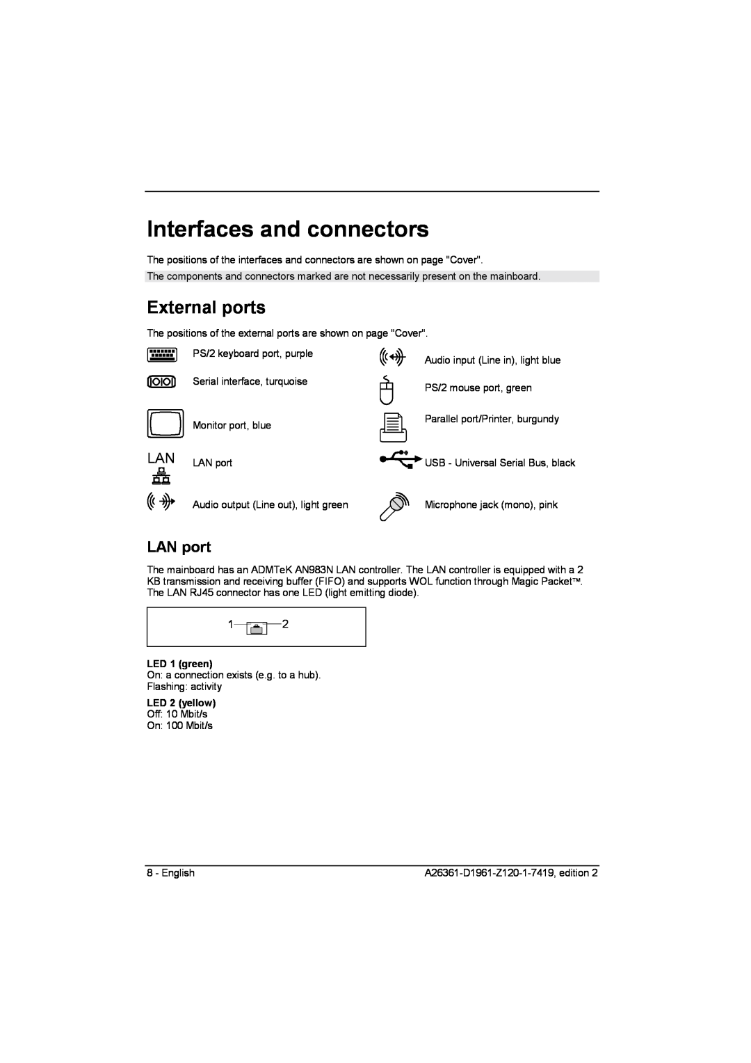 Fujitsu D1961 technical manual Interfaces and connectors, External ports, LAN port, LED 1 green, LED 2 yellow 
