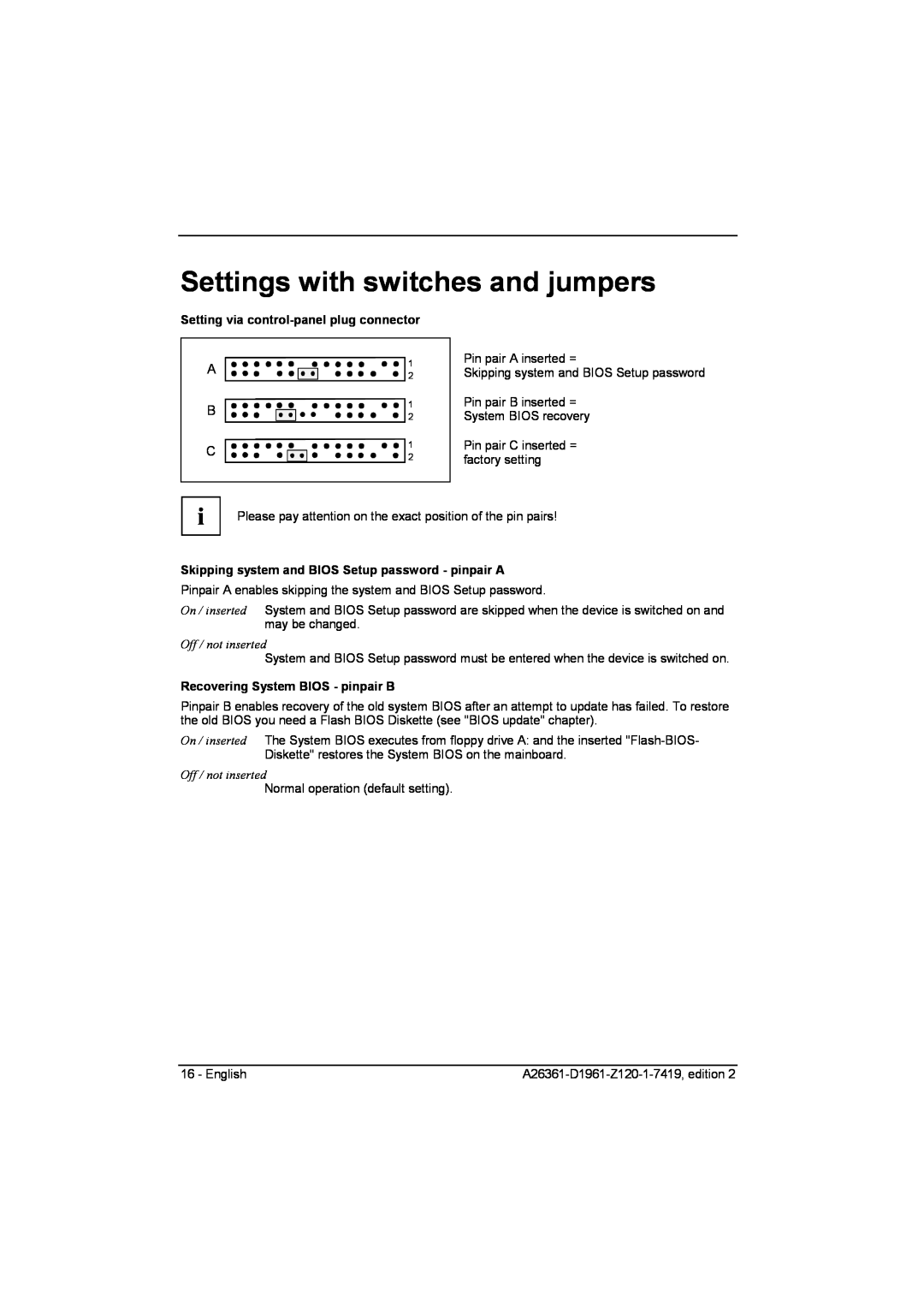 Fujitsu D1961 Settings with switches and jumpers, Setting via control-panel plug connector, Off / not inserted 