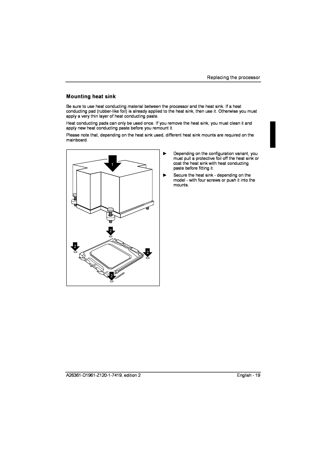 Fujitsu D1961 technical manual Mounting heat sink, Replacing the processor 