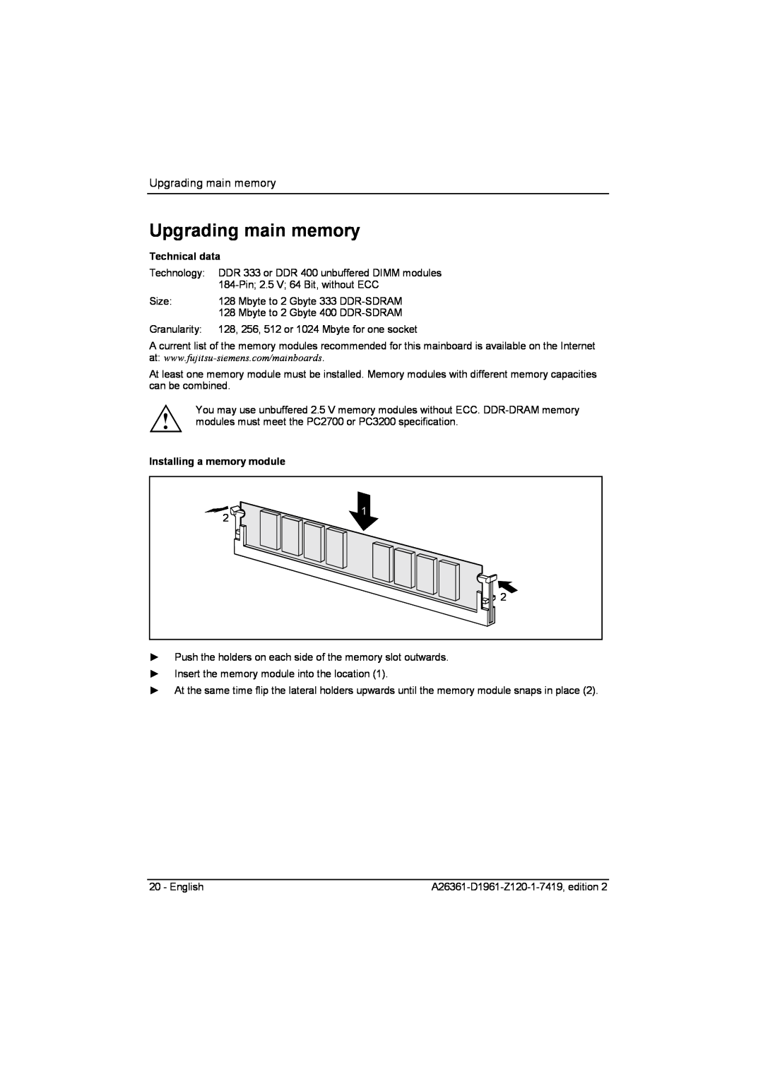 Fujitsu D1961 technical manual Upgrading main memory, Technical data, Installing a memory module 