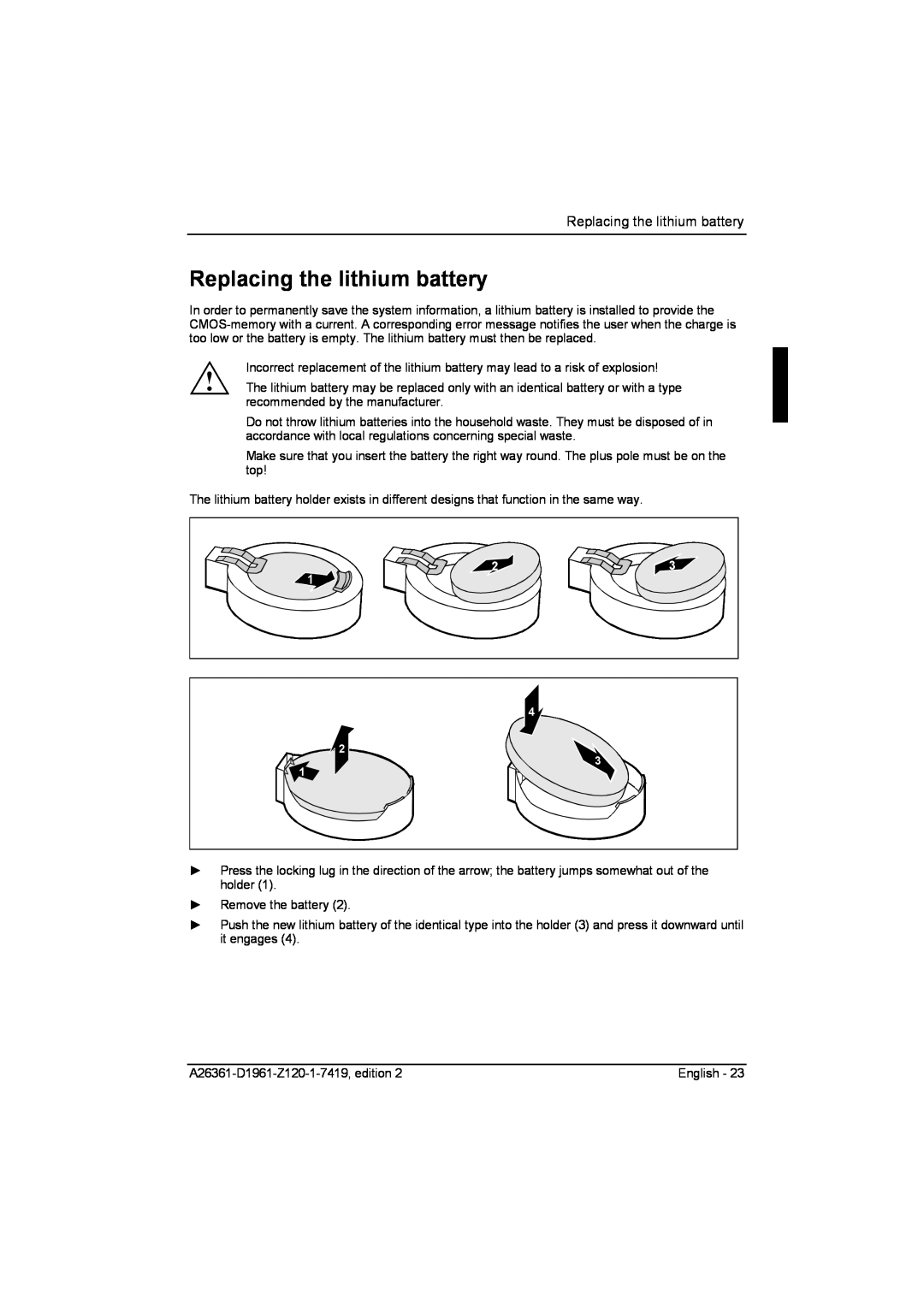 Fujitsu D1961 technical manual Replacing the lithium battery 